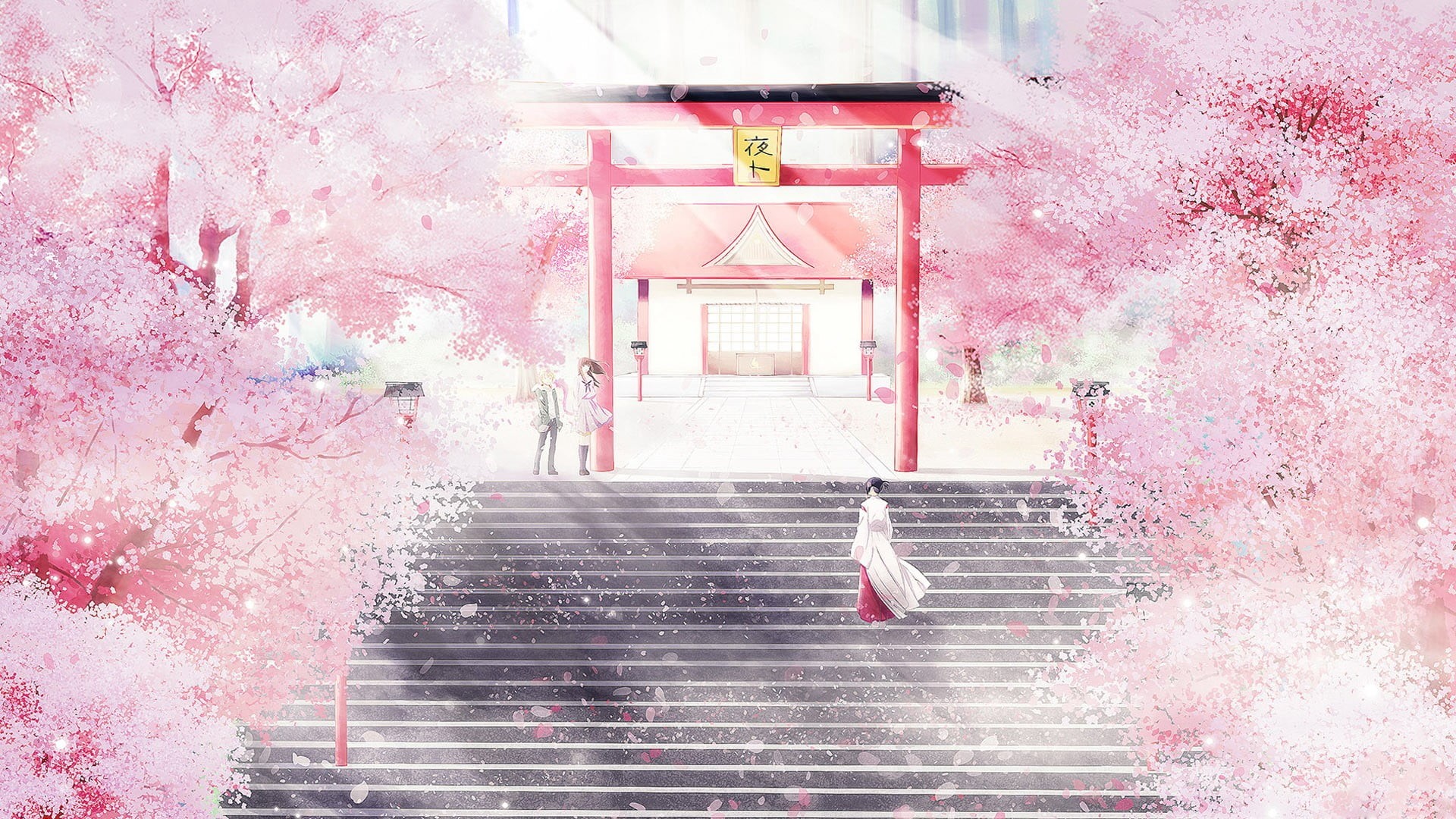 building exterior, pink color, plant, Noragami, pink, low angle view, celebration, building, staircase, architecture, cherry, shrine, steps and staircases, HD Wallpaper