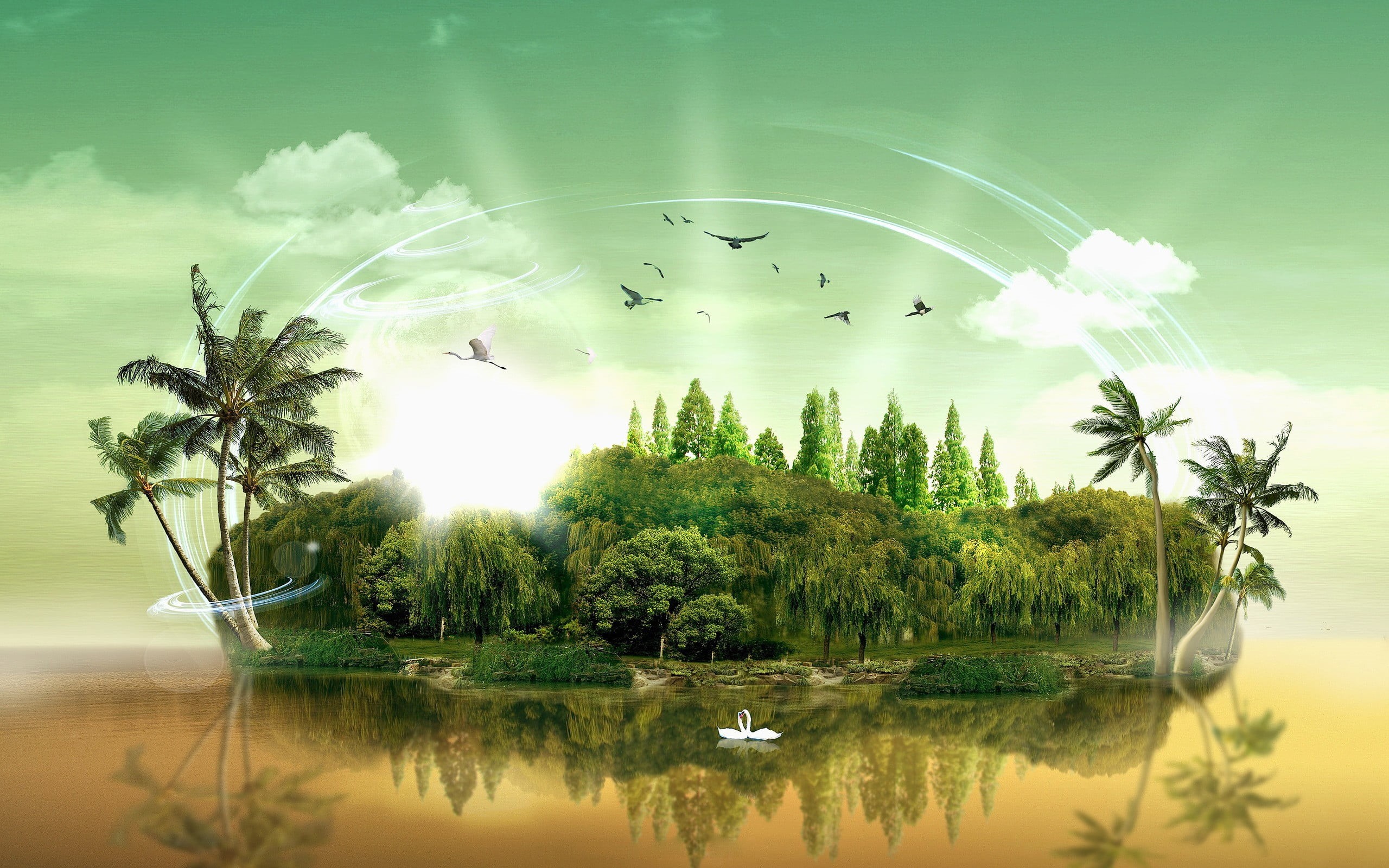 palm tree, green, beauty in nature, animal wildlife, digital composite, water, artwork, animal, 2K, outdoors, animals in the wild, cloud - sky, HD Wallpaper