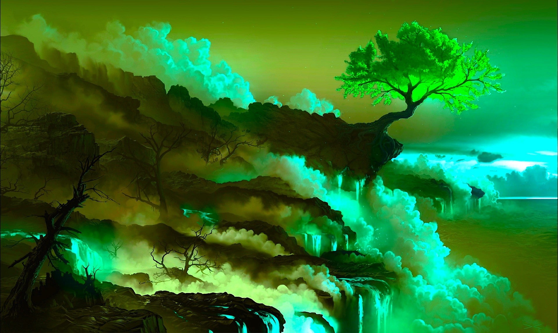cherry blossom, nature, smoke, fantasy art, digital art, trees, 1080P, landscape, lava, HD Wallpaper