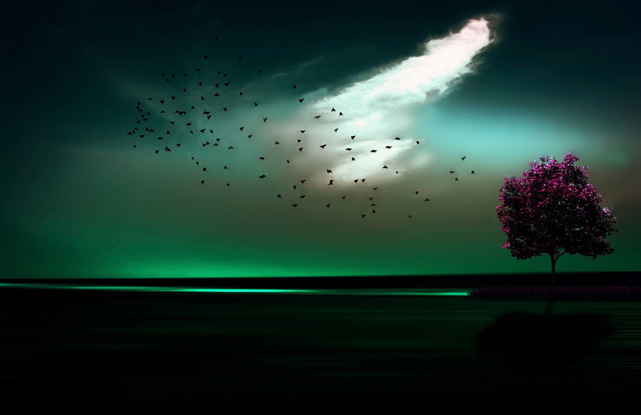 artwork, beauty in nature, scenics - nature, animal wildlife, cloud - sky, digital, digital art, flock of birds, tree, bird, vertebrate, outdoors, large group of animals, HD Wallpaper