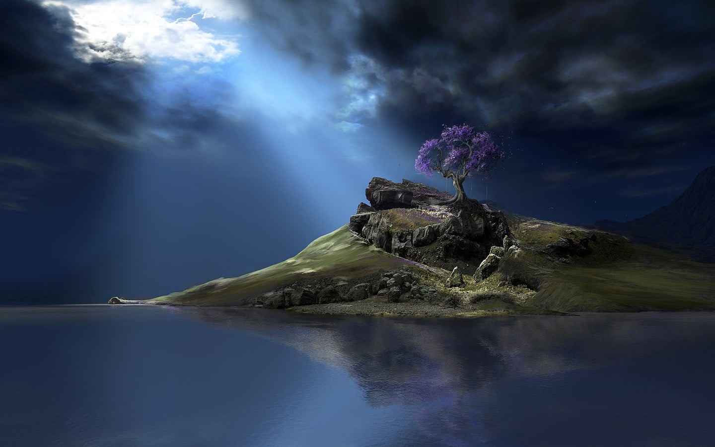 lake, sunlight, trees, mountains, hills, mountain, rock, scenics - nature, green, 720P, night, water, outdoors, landscape, sky, nature, purple, digital art, HD Wallpaper