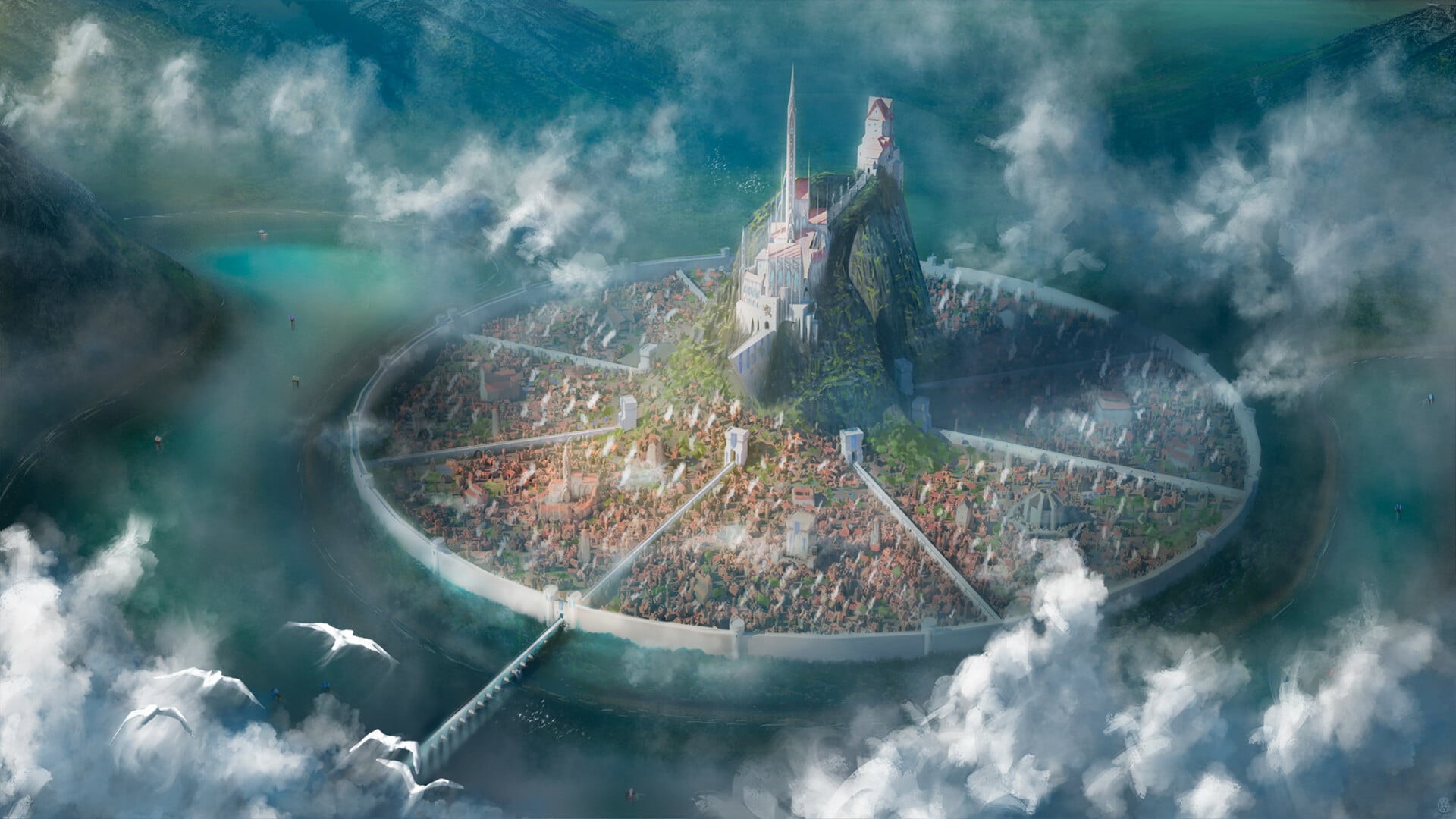 fantasy art, cityscape, fantasy city, sky, digital, water, skyscape, city, clouds, environment, architecture, castle, tower, sea, digital art, artwork, HD Wallpaper