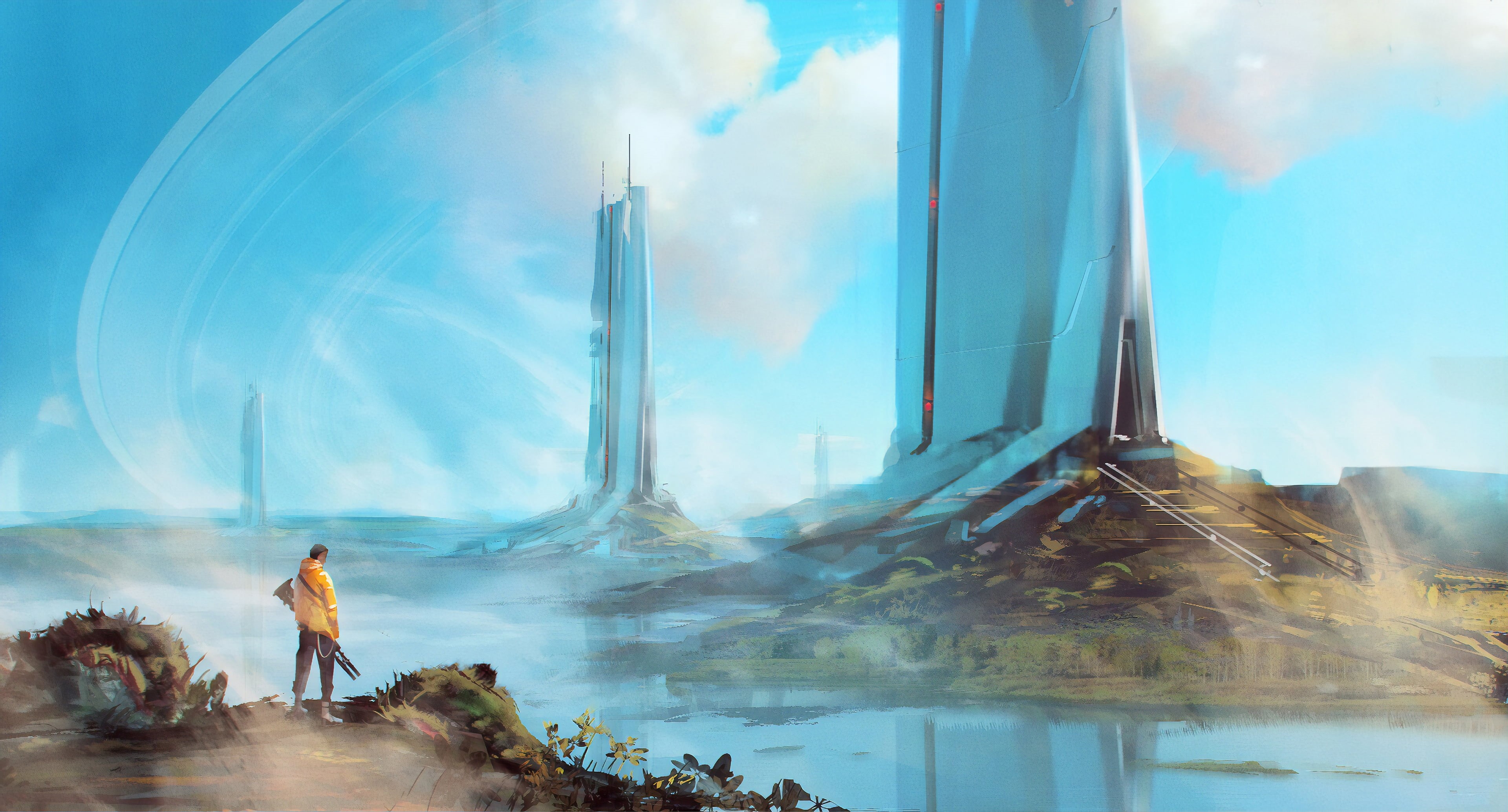 sky, men, environment, lake, drawing, digital, skyscape, men outdoors, Fantasy Men, water, digital painting, science fiction, fantasy art, nature, 4K, HD Wallpaper