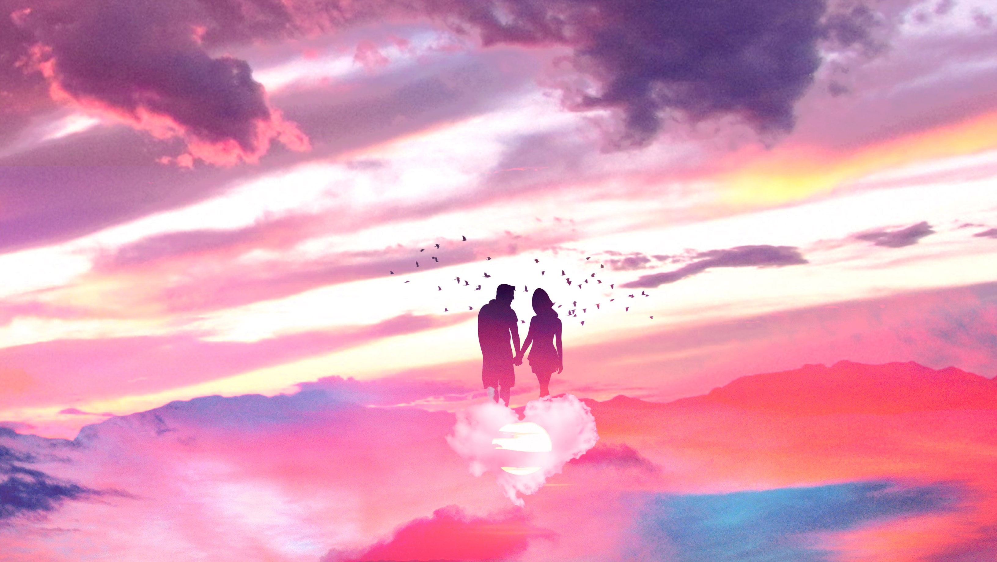 surreal, outdoors, artwork, love, birds, romance, pink, silhouette, 2K, sky, fantasy art, digital art, retouching, men, couple, pink clouds, clouds, Photoshop, HD Wallpaper