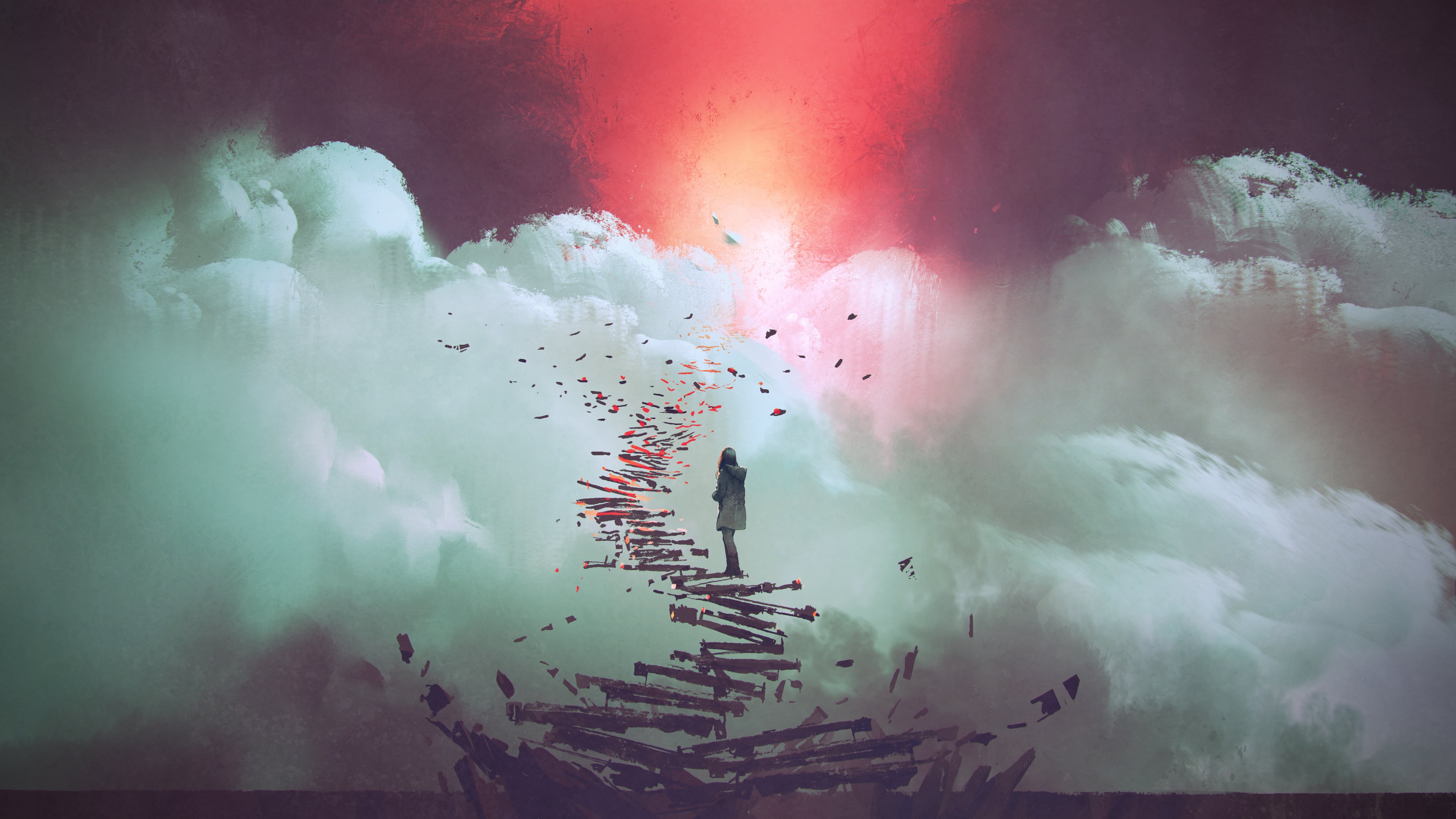 clouds, paint brushes, digital, painting, sky, landscape, digital painting, women, digital art, floating, concept art, 5K, artwork, fantasy art, silhouette, HD Wallpaper