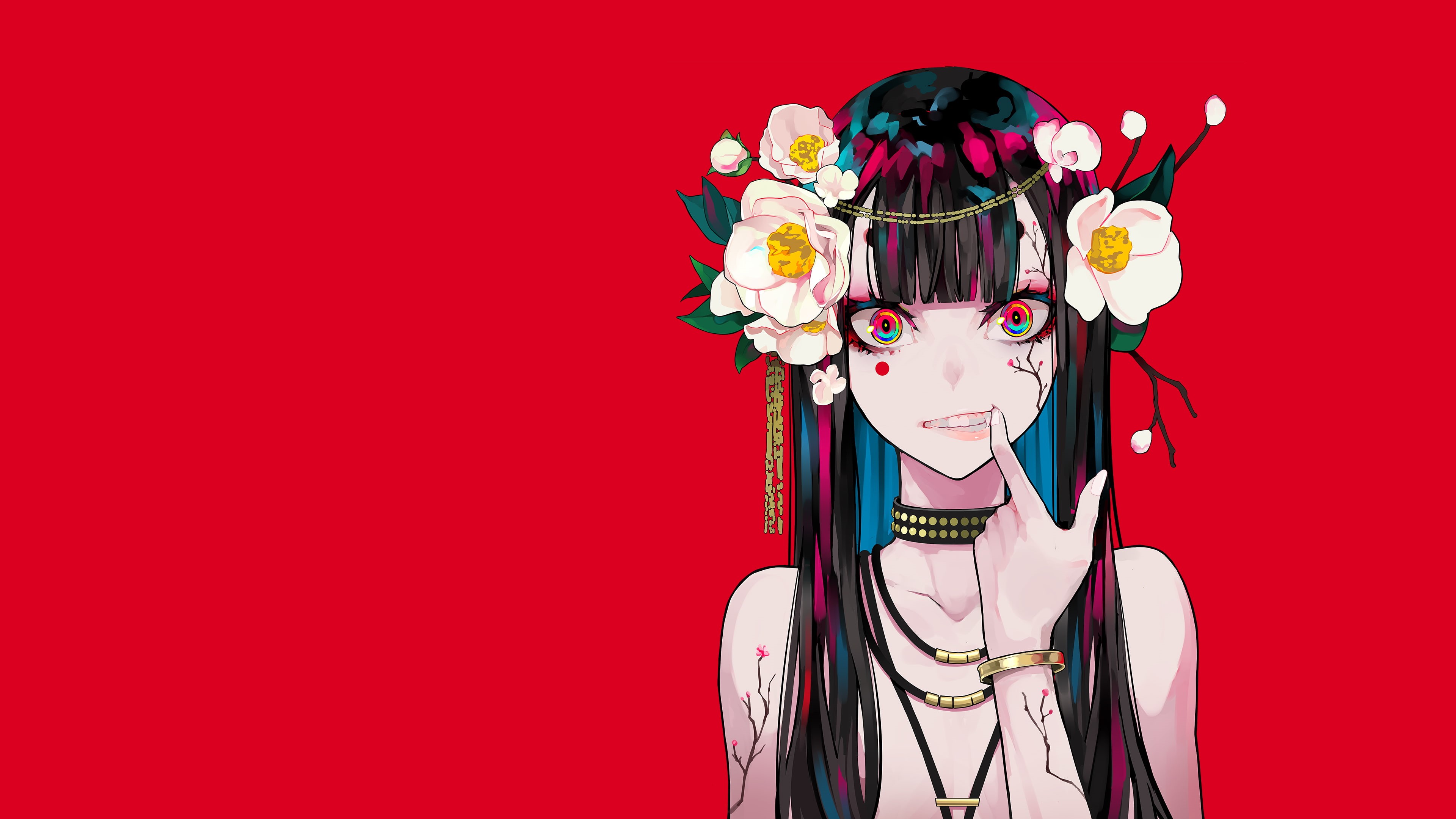 anime girls, simple background, red background, 4K, anime, minimalism, colorful, flower in hair, artwork, HD Wallpaper