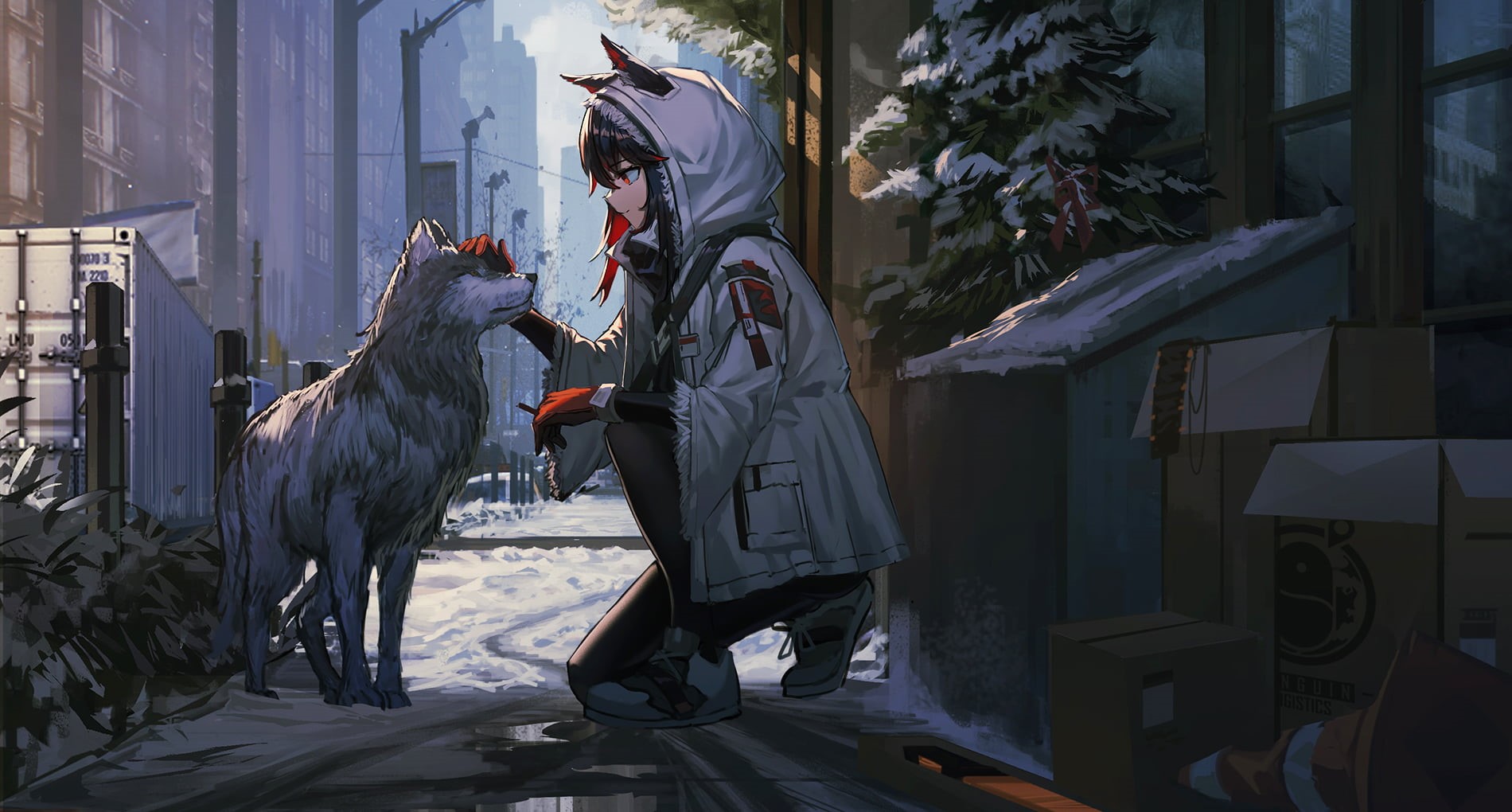 city, 720P, coats, animal ears, trash, snow, smiling, Arknights, kneeling, wolf, HD Wallpaper