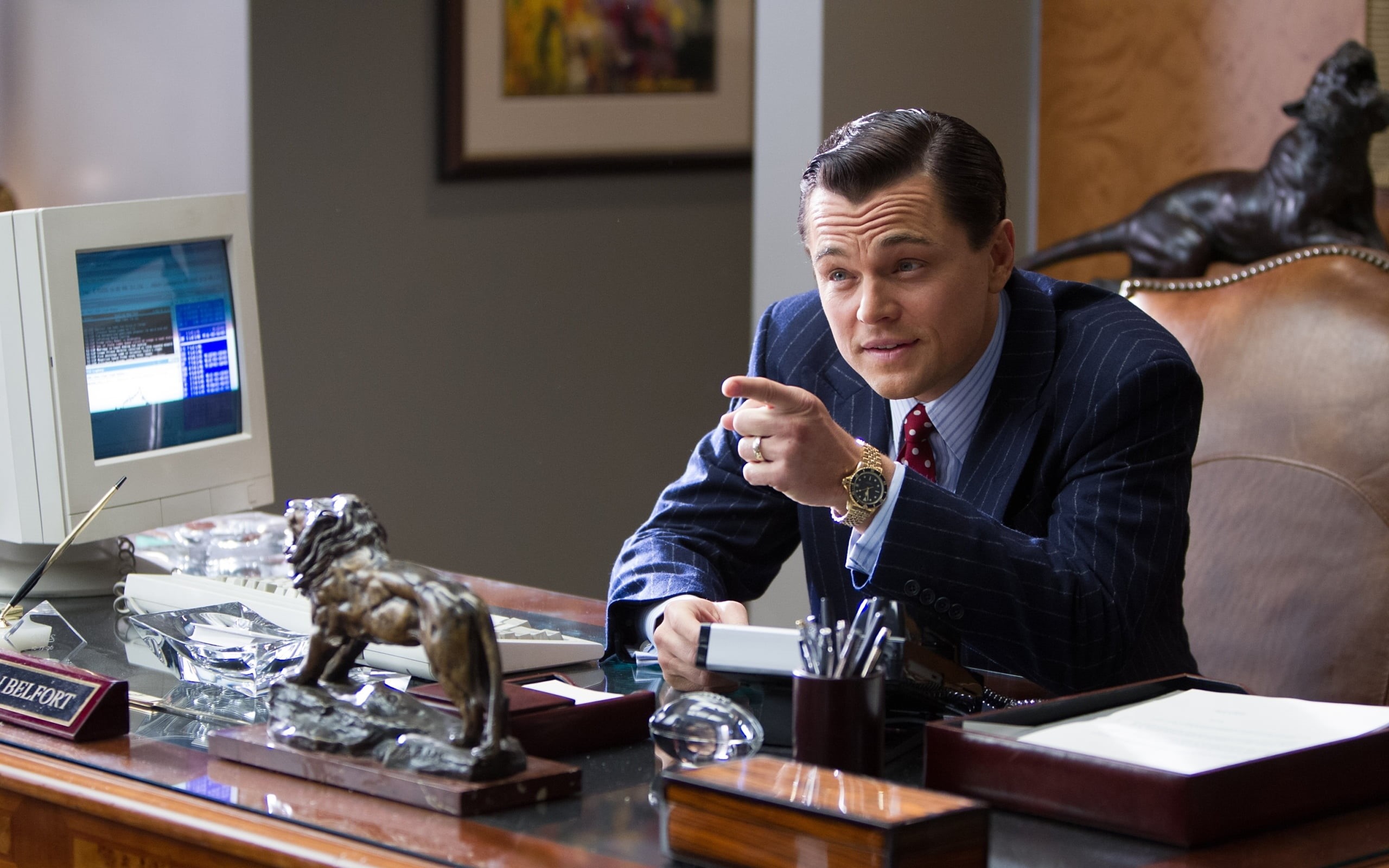 Leonardo DiCaprio, men, internet, occupation, only Men, holding, expertise, document, businessman, working, technology, Jordan Belfort, communication, front view, HD Wallpaper