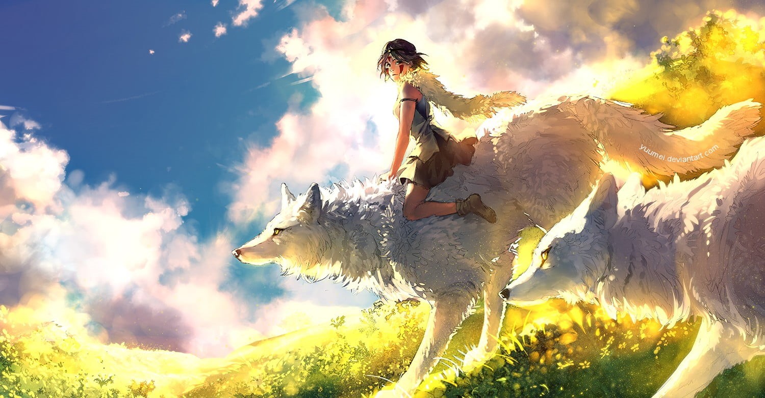 720P, Studio Ghibli, anime, real people, white, outdoors, women, sunlight, pets, Princess Mononoke, mammal, riding, livestock, canine, sky, HD Wallpaper