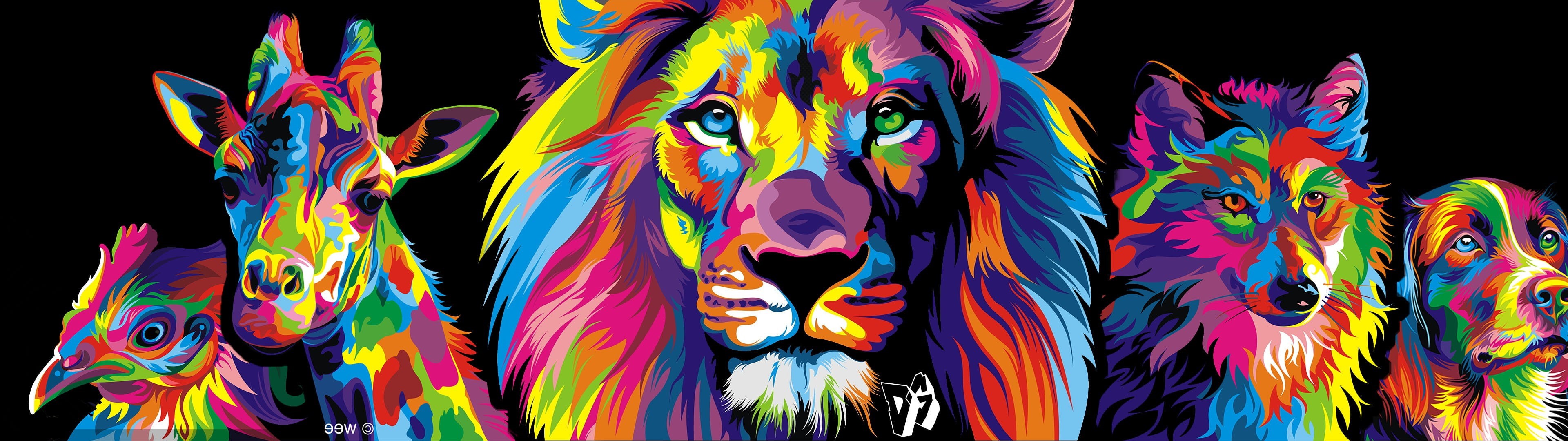 lion, chickens, multiple display, giraffes, animals, wolf, colorful, 4K, dog, HD Wallpaper