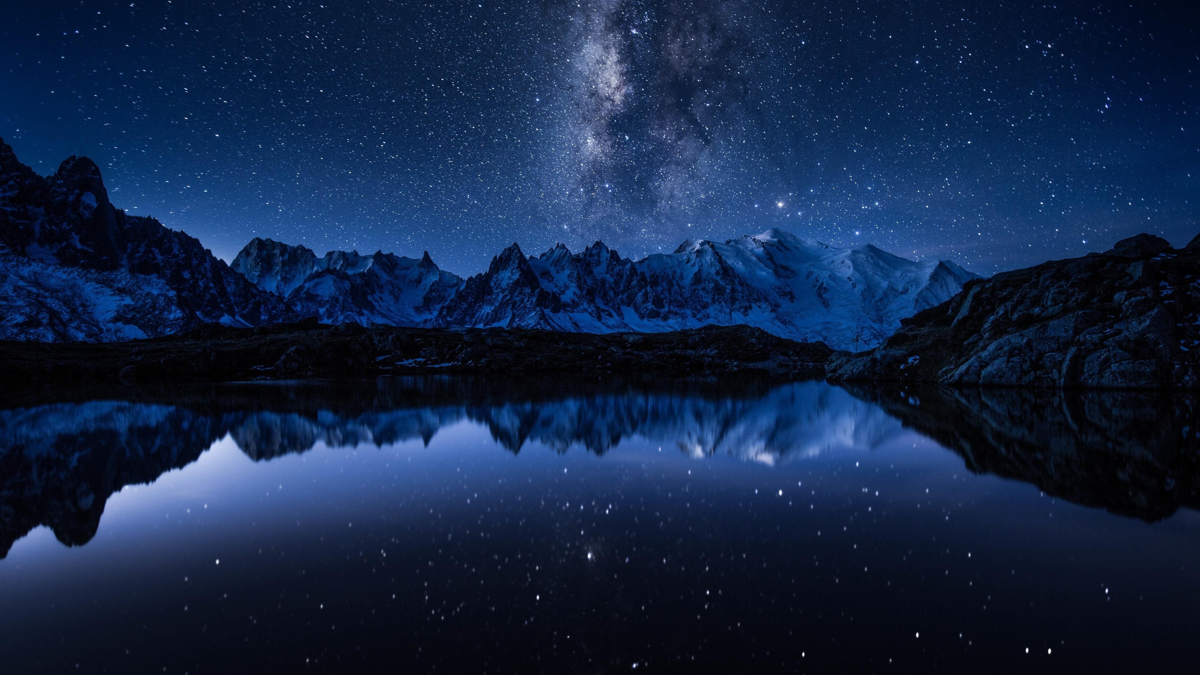 lac blanc, night sky, 4K, milky way, mountain range, reflected, mont blanc, chamonix, france, starry night, europe, white lake, HD Wallpaper
