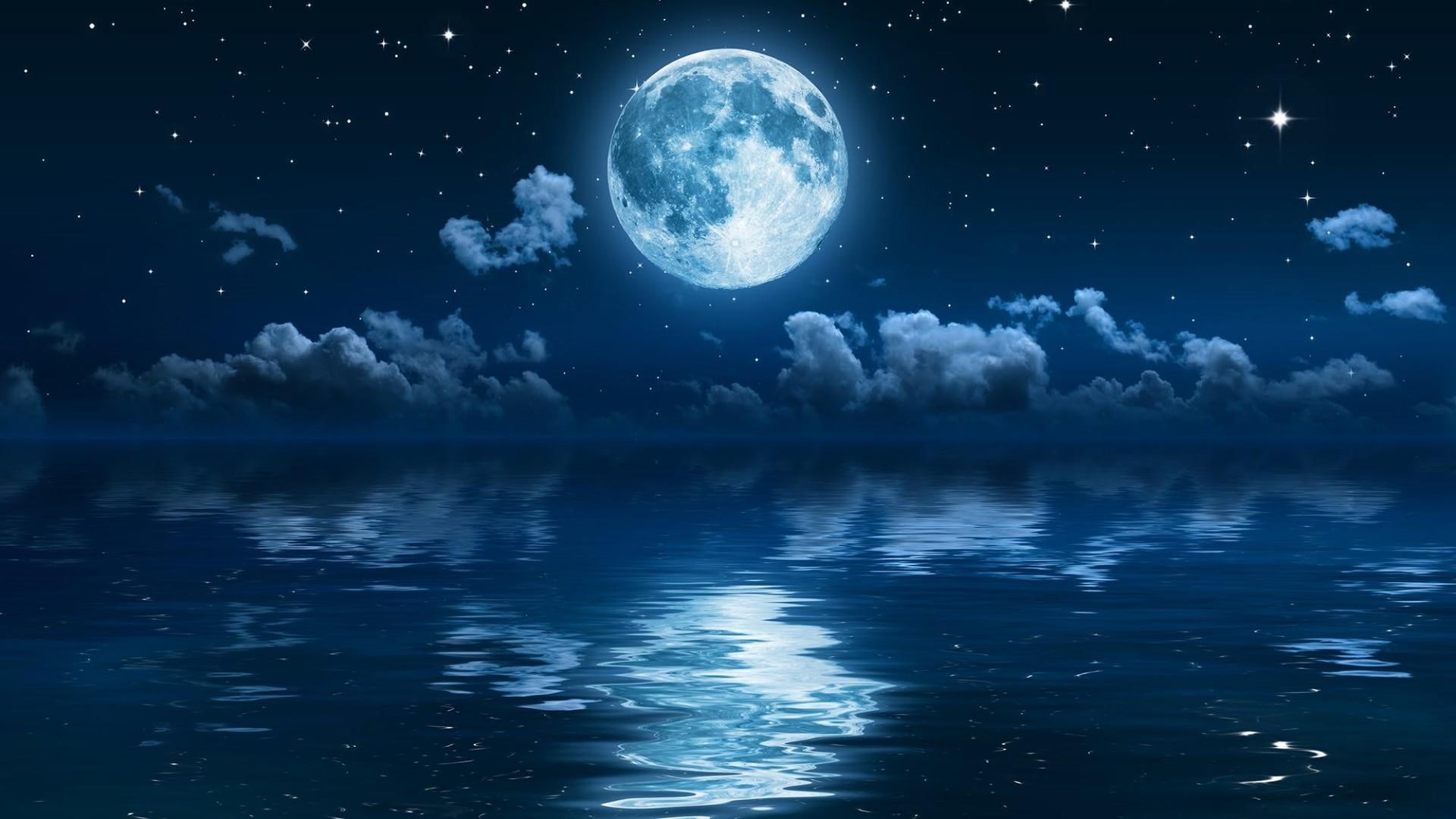 full moon, 1080P, night sky, moon, sky, night, stars, sea, HD Wallpaper