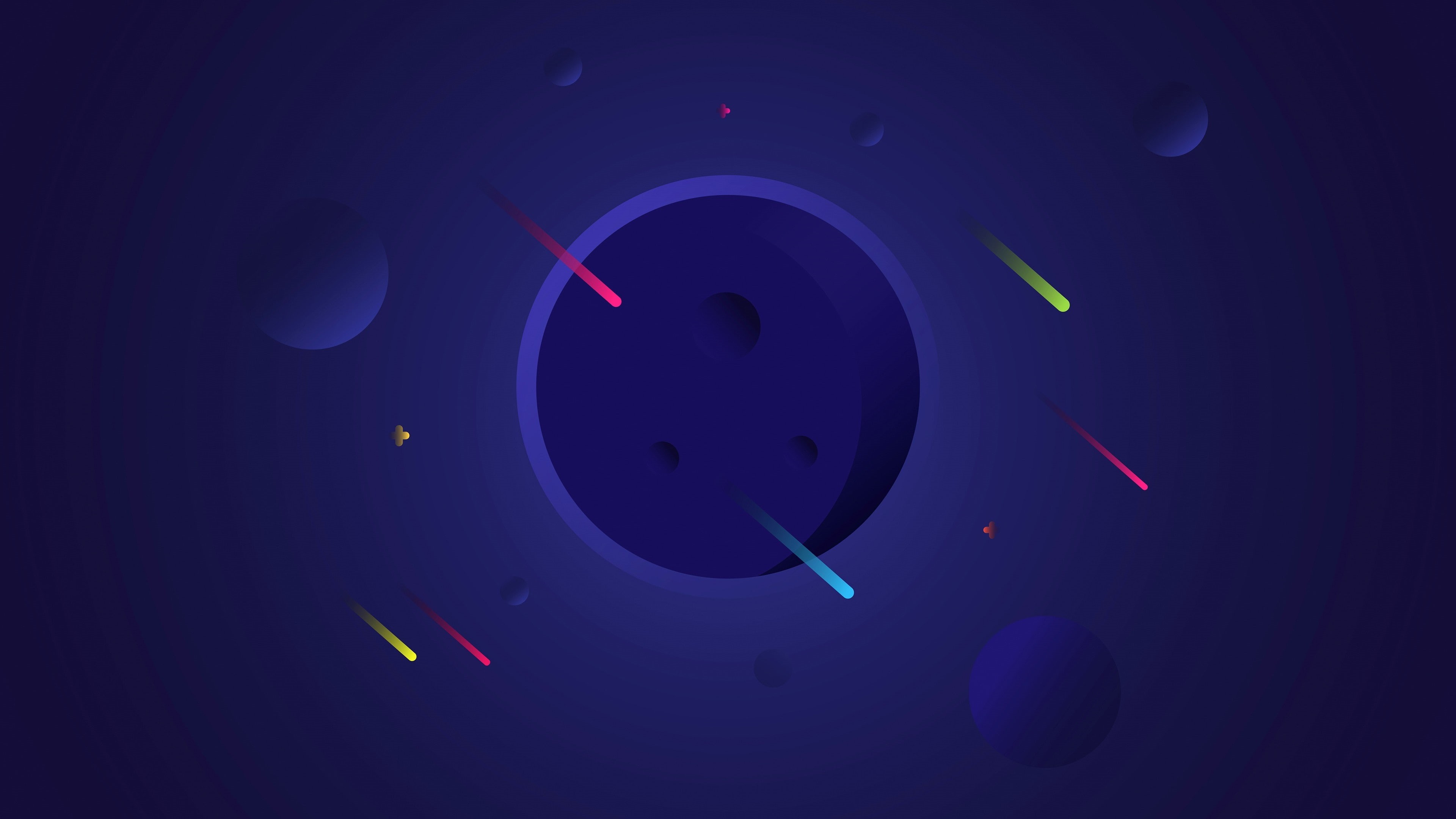 falling stars, graphics, space, circle, shooting stars, sphere, minimal art, asteroid, blue, planet, meteors, 4K, sky, meteor, minimalist, darkness, HD Wallpaper