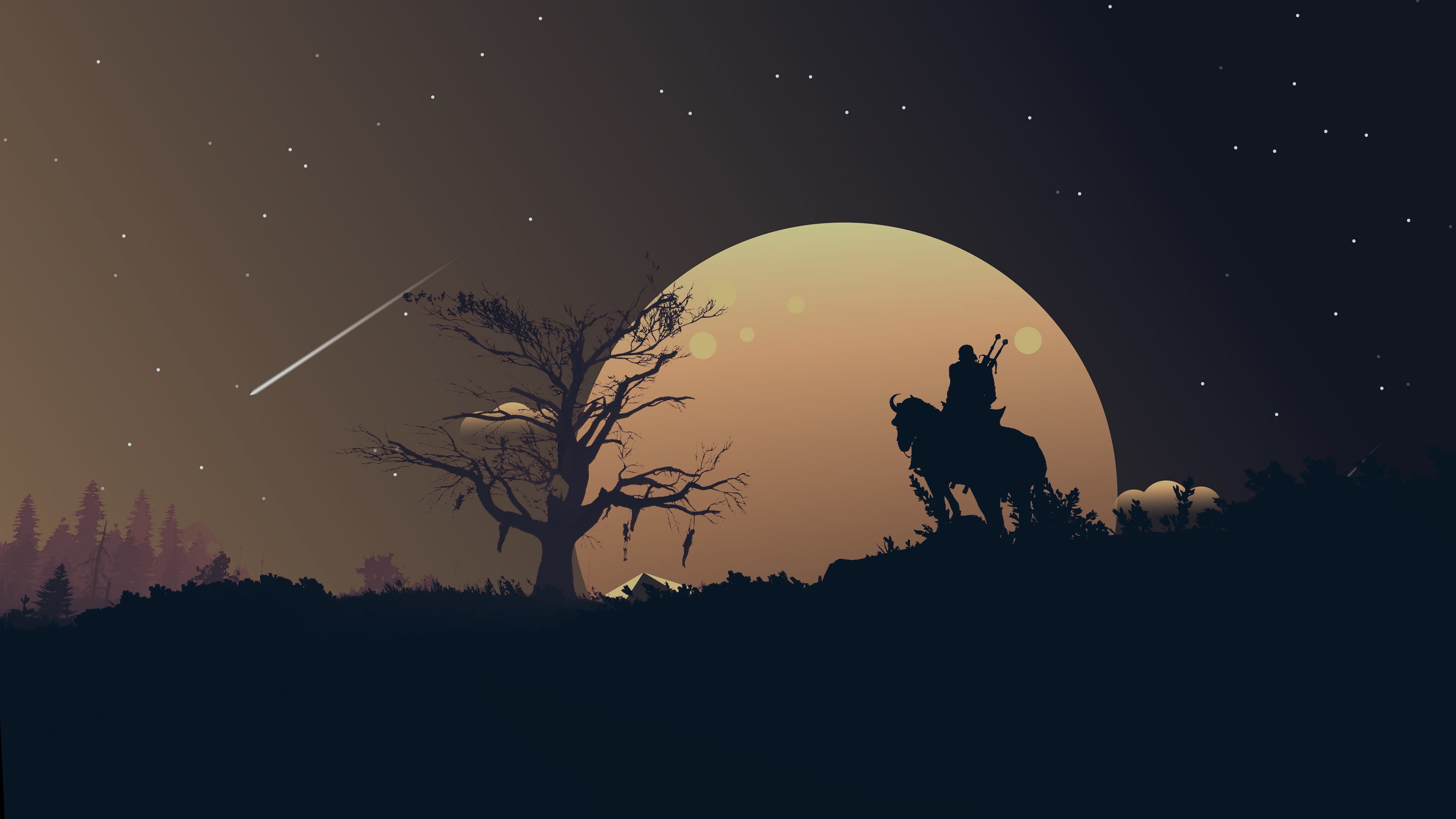 The Witcher 3: Wild Hunt, swords, artwork, fantasy, weapons, hanged, stars, warrior, landscape, moon, knight, game, horse, The Witcher, night, fantasy art, HD Wallpaper