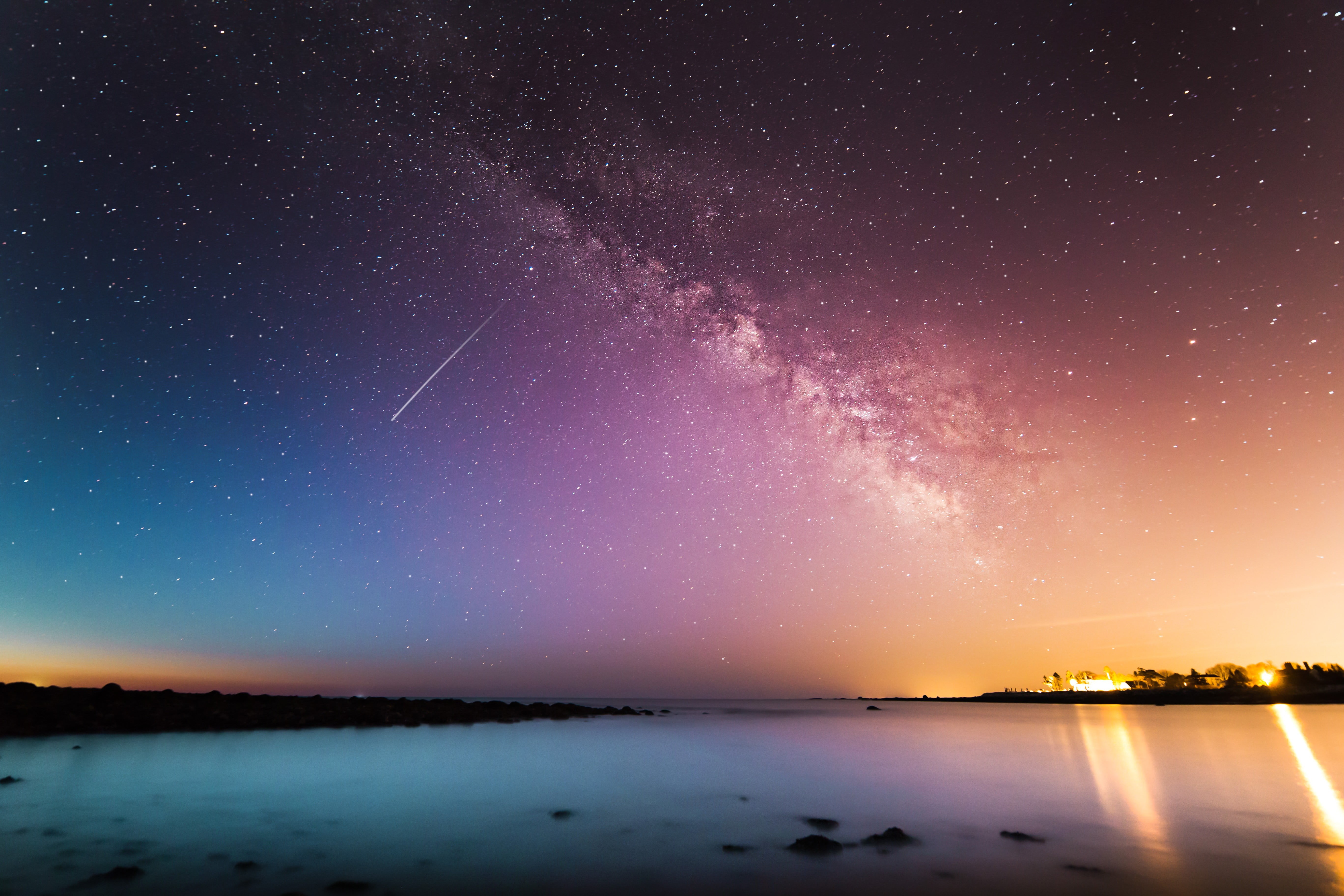 space, star - space, 5K, no people, tranquility, scenics - nature, astronomy, star, galaxy, stars, water, milky way, sky, mountain, tranquil scene, illuminated, HD Wallpaper