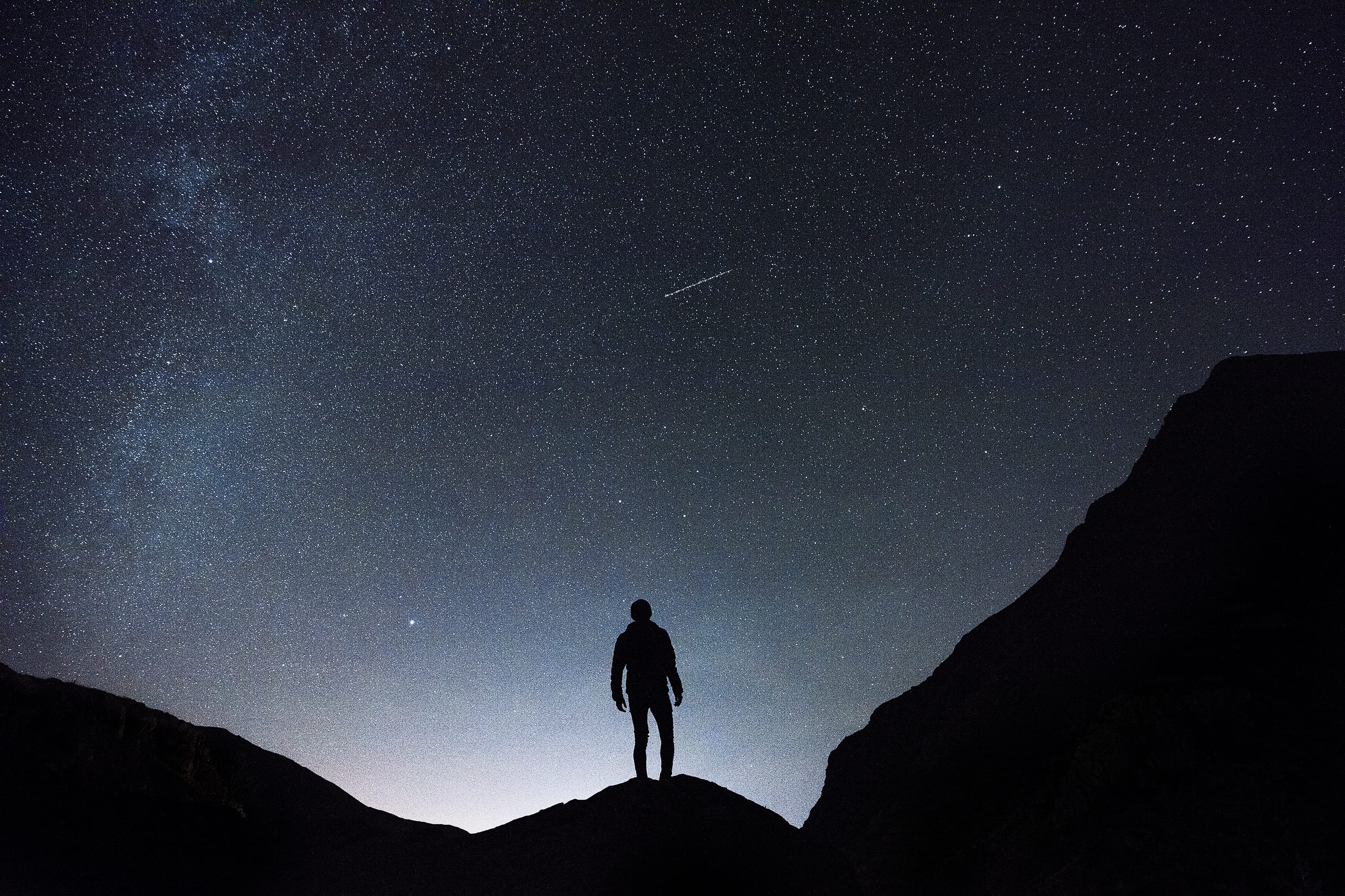 astronomy, beauty in nature, tranquility, men, star field, one person, mountain, space, hill, guy, hike, 2K, dark, silhouette, explore, milky way, galaxy, HD Wallpaper