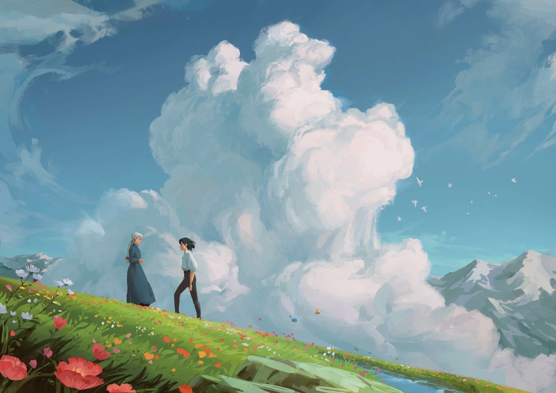 Movie, Howls Moving Castle, 1080P, Girl, Cloud, Boy, Artistic, HD Wallpaper