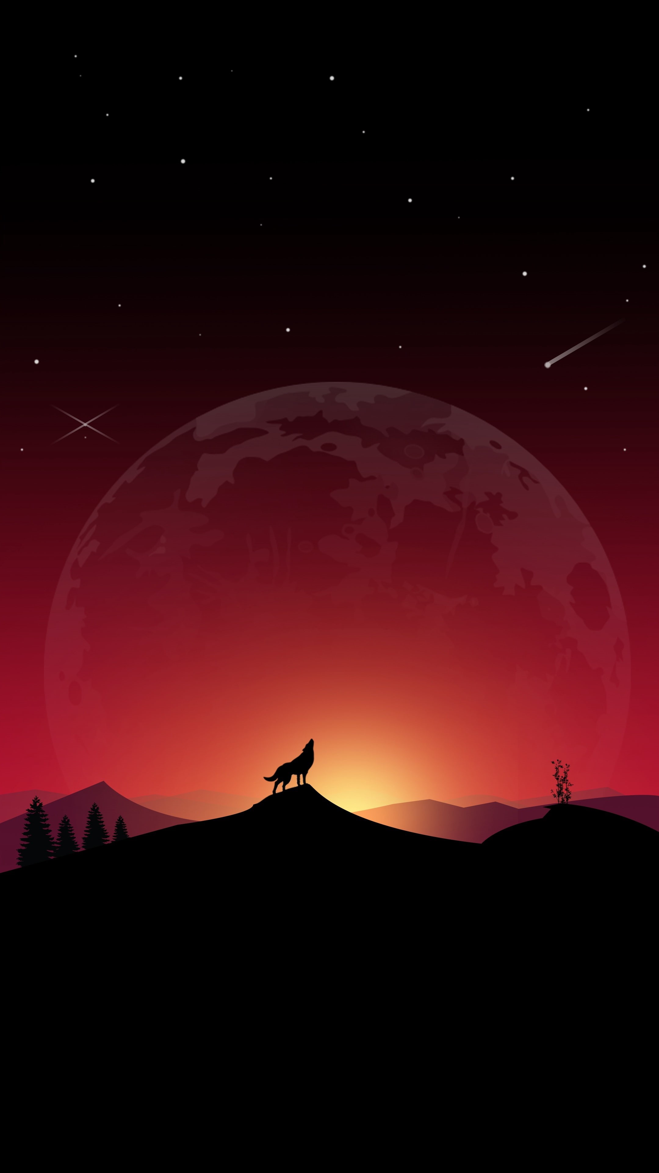 loneliness, full moon, 4K, wolf, art, howl, Phone HD Wallpaper