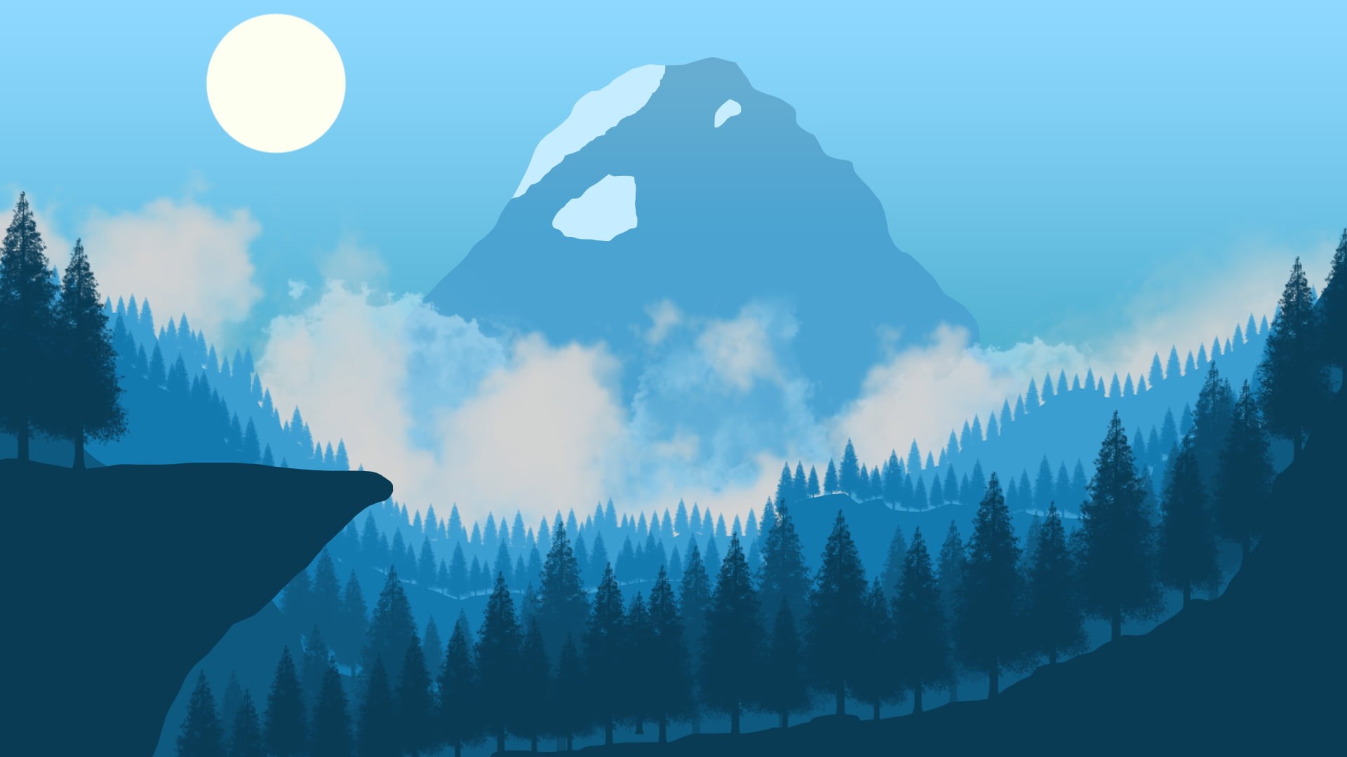 Flatdesign, cyan, clouds, forest, 2D, 1080P, landscape, digital art, minimalism, HD Wallpaper
