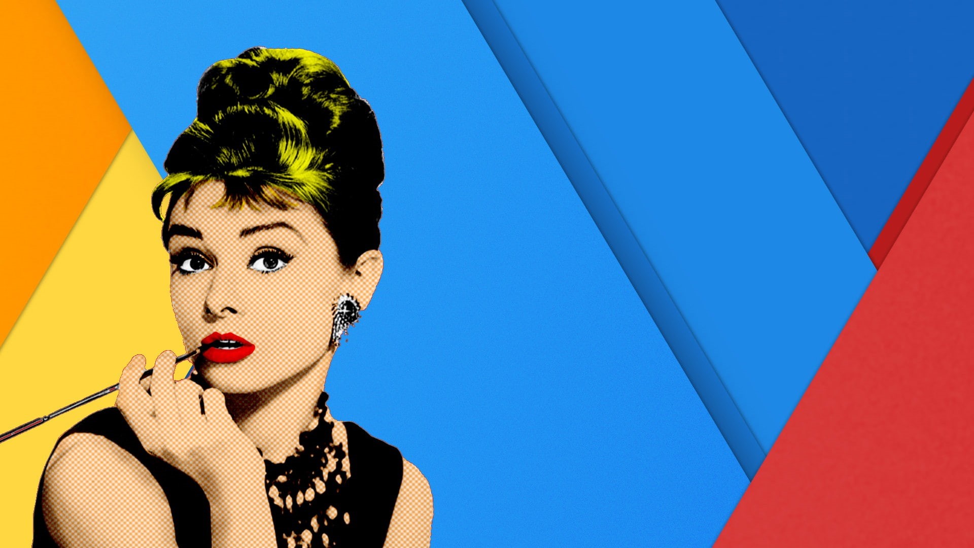 Flatdesign, women, blue, 1080P, Pop Art, yellow, artwork, Audrey Hepburn, red, HD Wallpaper
