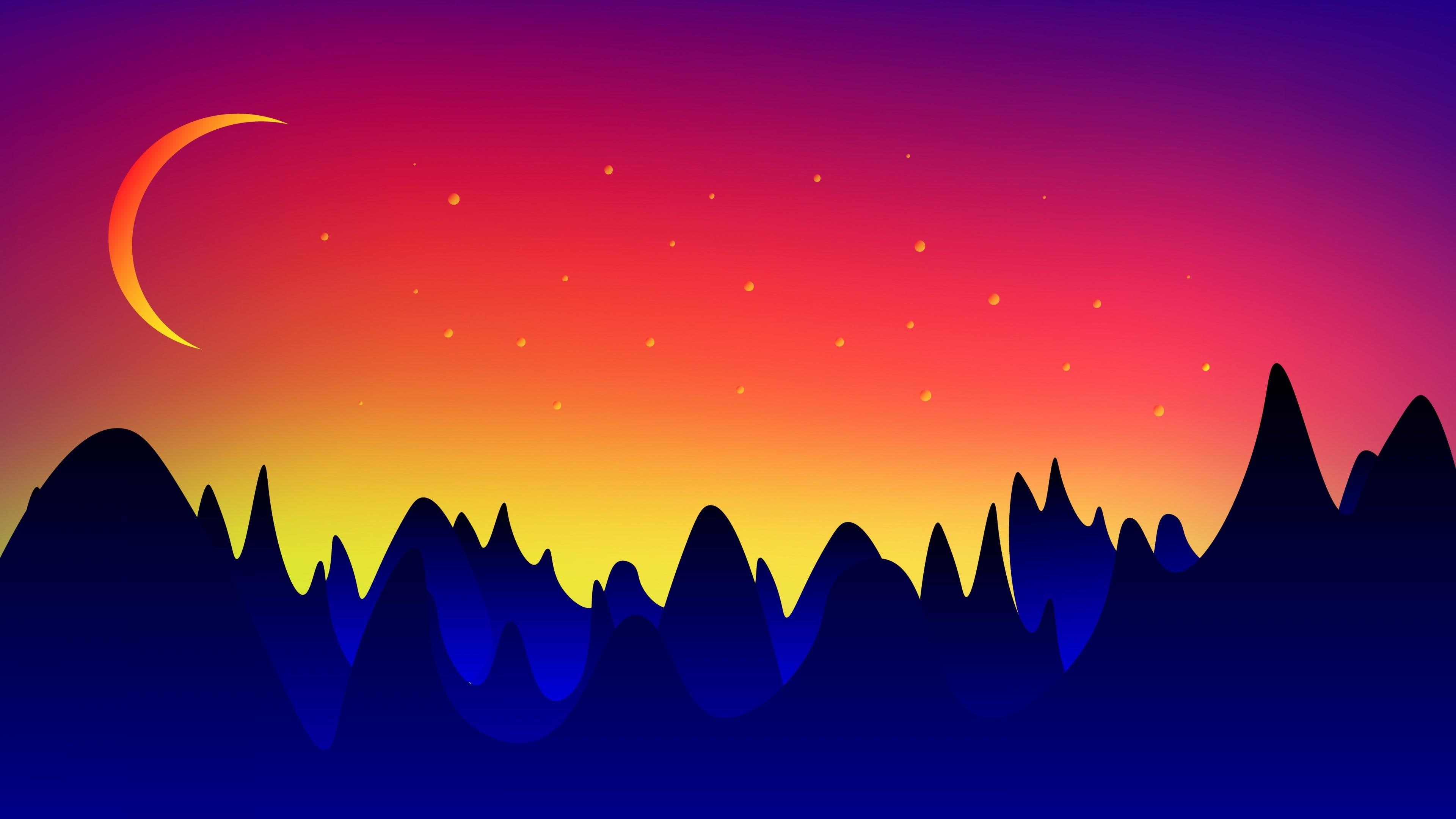 sky, art, space, night sky, 4K, silhouette, mountains, moon, crescent, digital art, retro, minimal, graphics, stars, night, HD Wallpaper