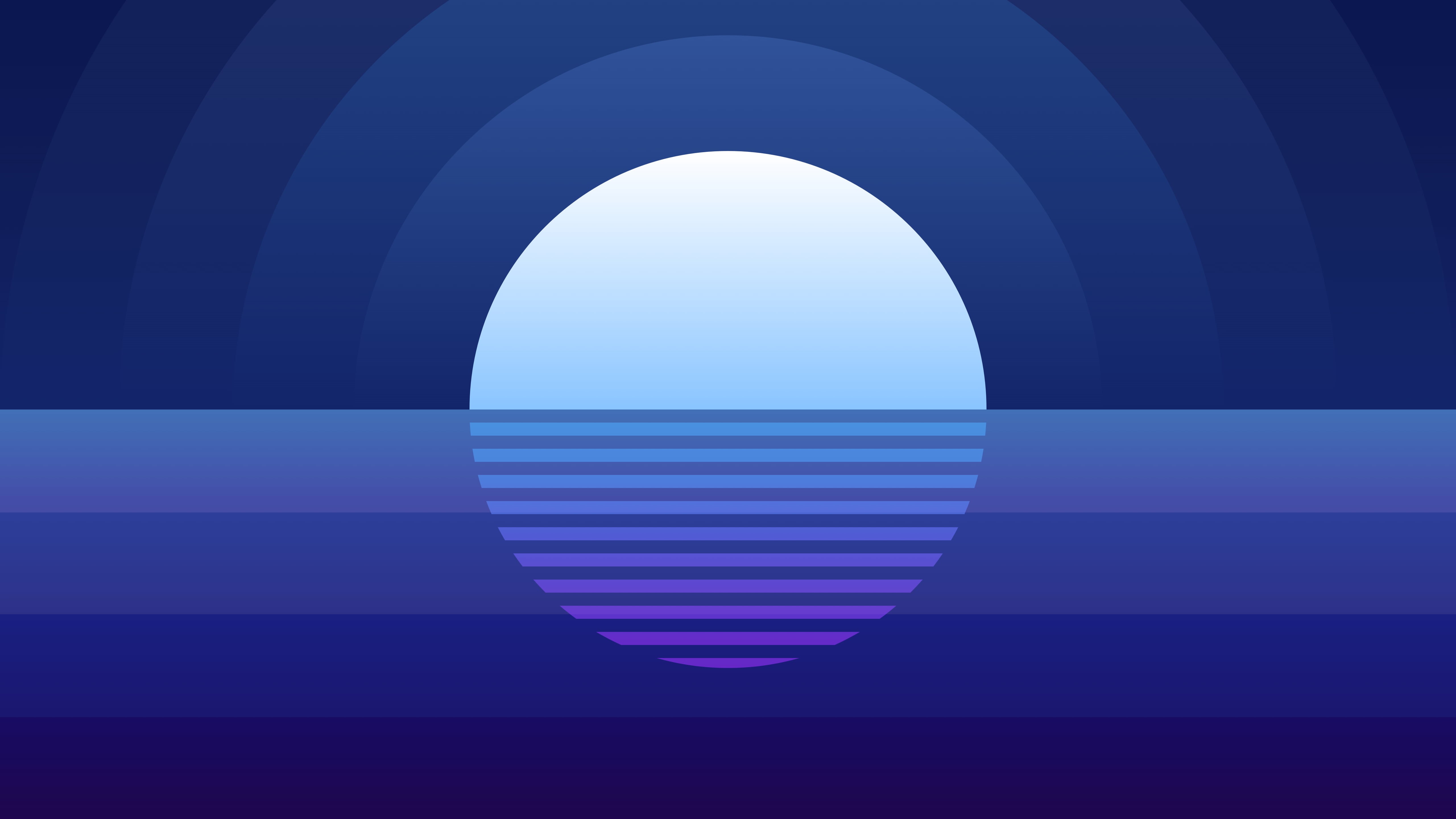 night, synthwave, digital, artwork, moon rays, reflection, sea, 5K, illustration, simple, digital art, Moon, blue background, water, simple background, HD Wallpaper