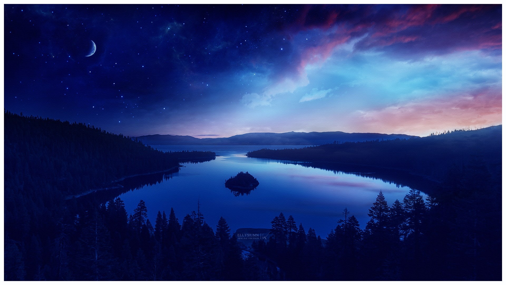 minimalist, artist, pine tree, digital art, artwork, mountain range, space, no people, coniferous tree, lake, astronomy, cloud - sky, sky, 1080P, forest, HD Wallpaper