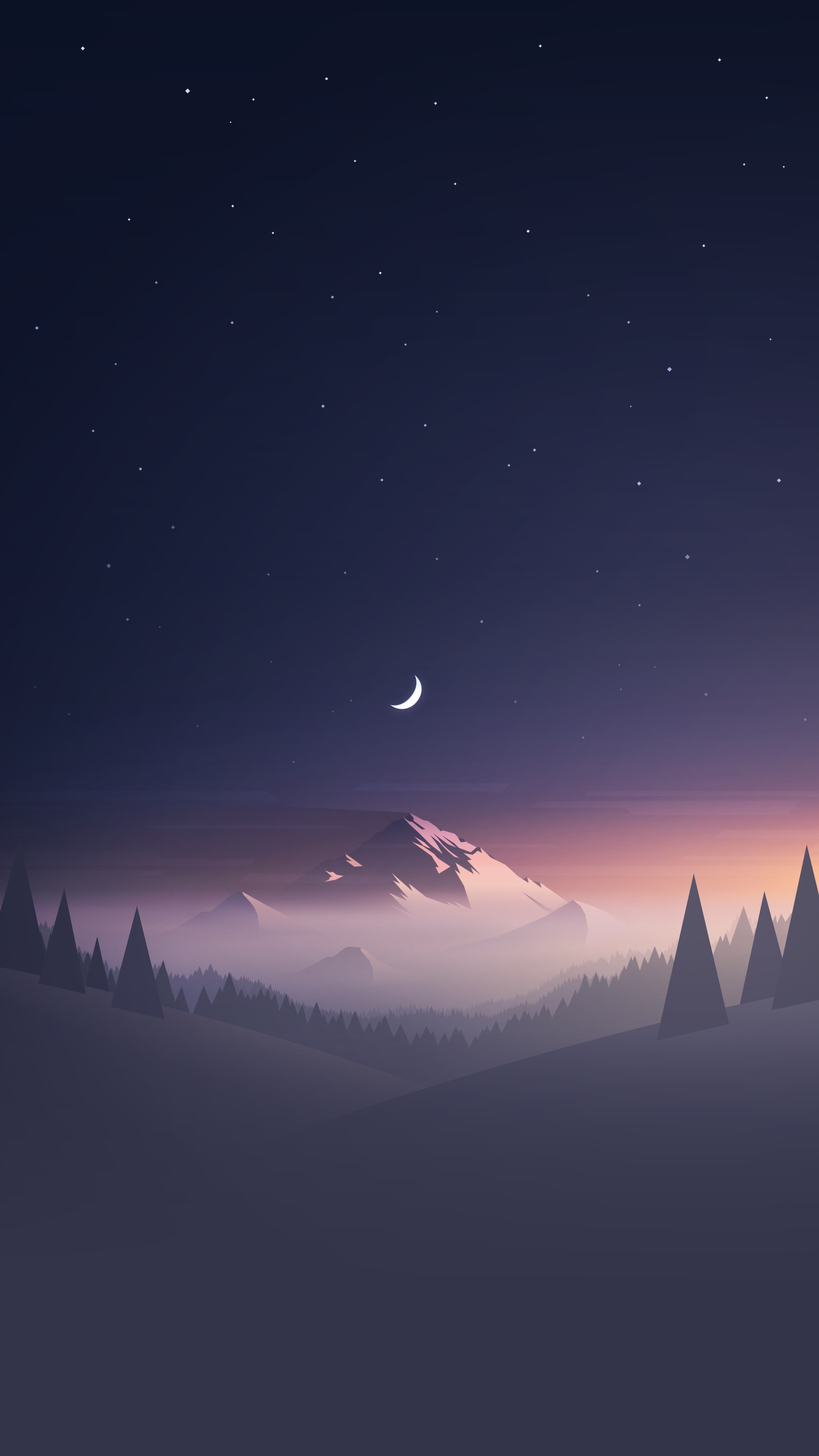 mist, clear sky, stars, night, 4K, forest, minimalism, mountains, hills, portrait display, trees, Moon, digital art, nature, starry night, Phone HD Wallpaper