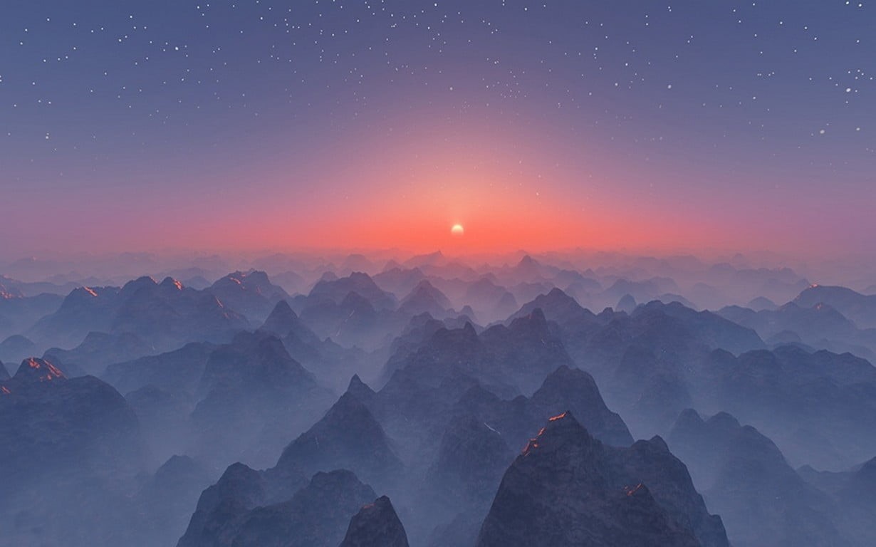 480P, digital art, above, travel, environment, mist, mountain range, outdoors, sunset, blue, beauty in nature, CGI, landscape, astronomy, scenics - nature, HD Wallpaper