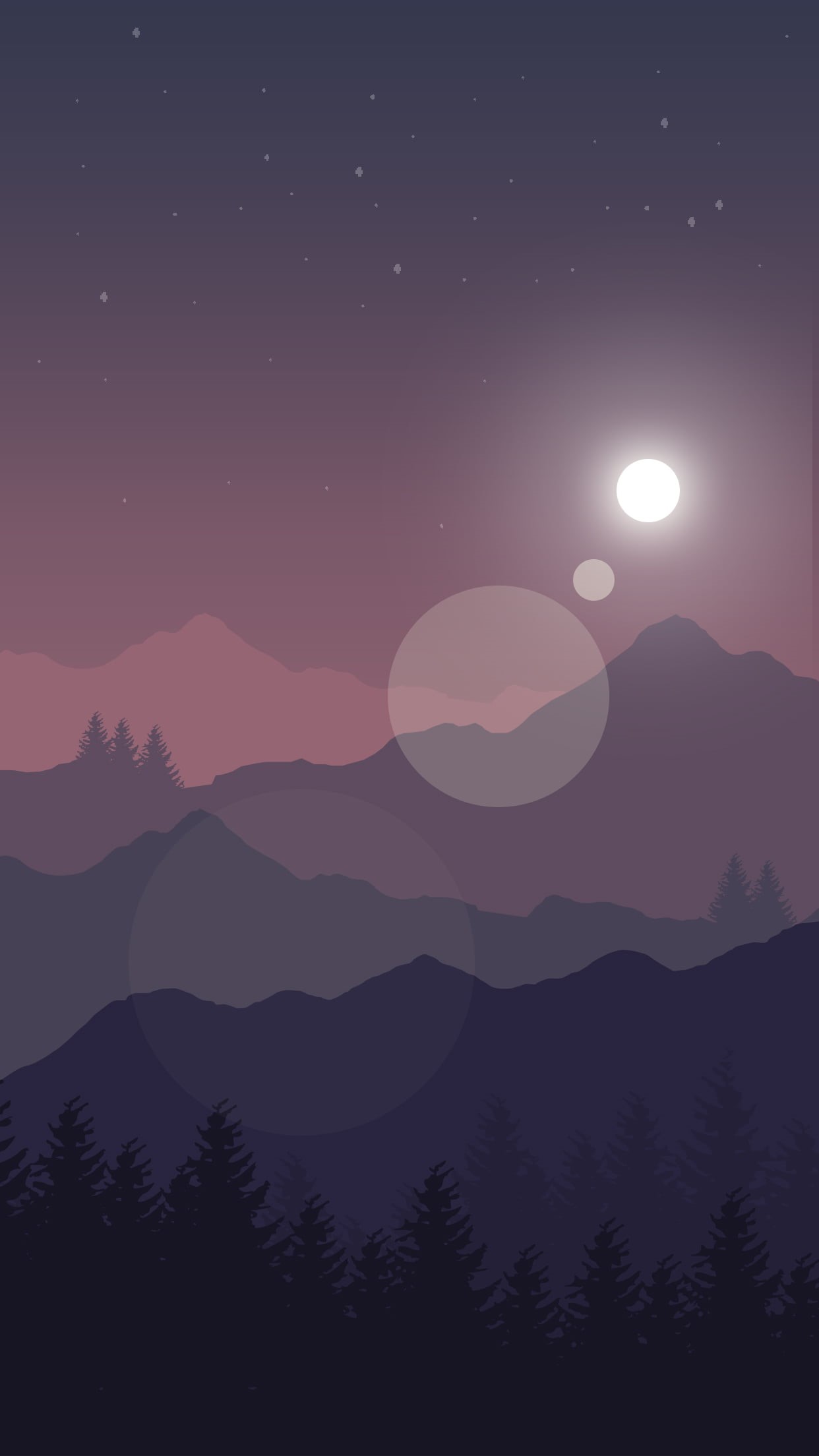 tree, portrait display, stars, mountain peak, circle, mountains, photography, idyllic, digital art, minimalism, bokeh, forest, star - space, 1080P, outdoors, Phone HD Wallpaper