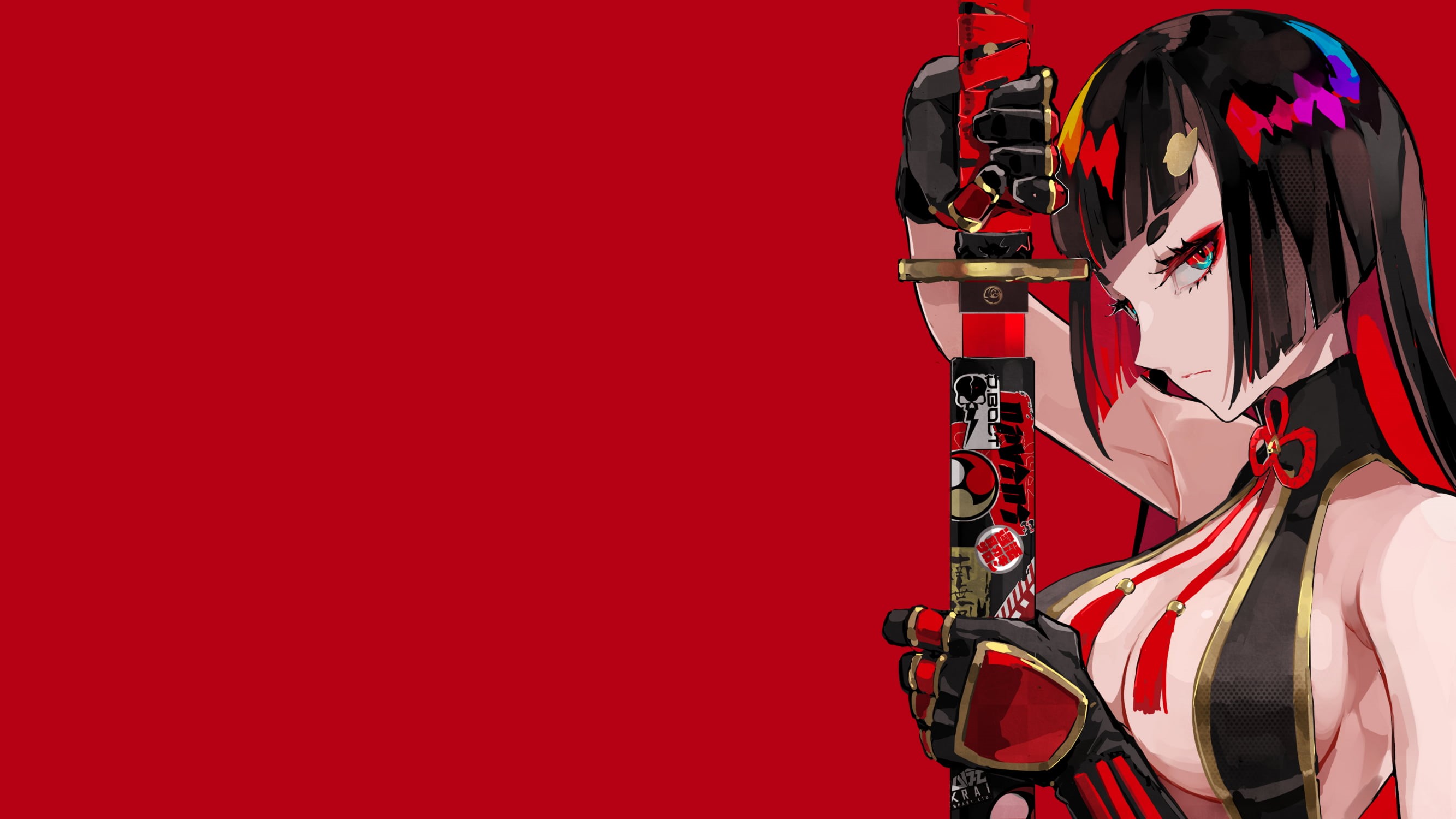 drawing, gloves, illustration, weapon, profile, cleavage, anime, original characters, colorful, 2K, artwork, LAM, digital art, katana, anime girls, sideboob, HD Wallpaper