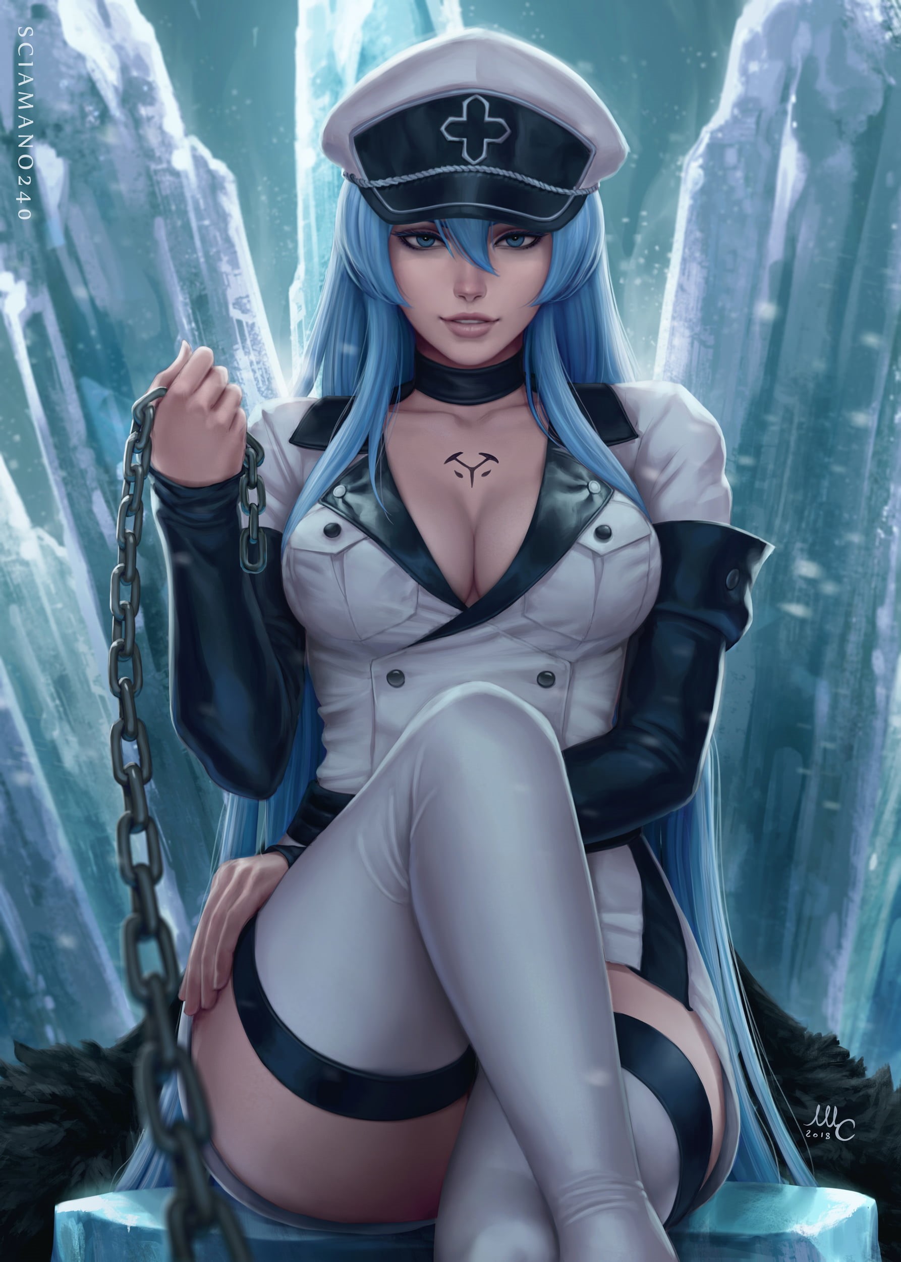 digital art, Sciamano240, fan art, cleavage, looking at viewer, women, thigh-highs, chains, blue hair, Esdeath (Akame Ga Kill!), smiling, 1080P, long hair, Phone HD Wallpaper