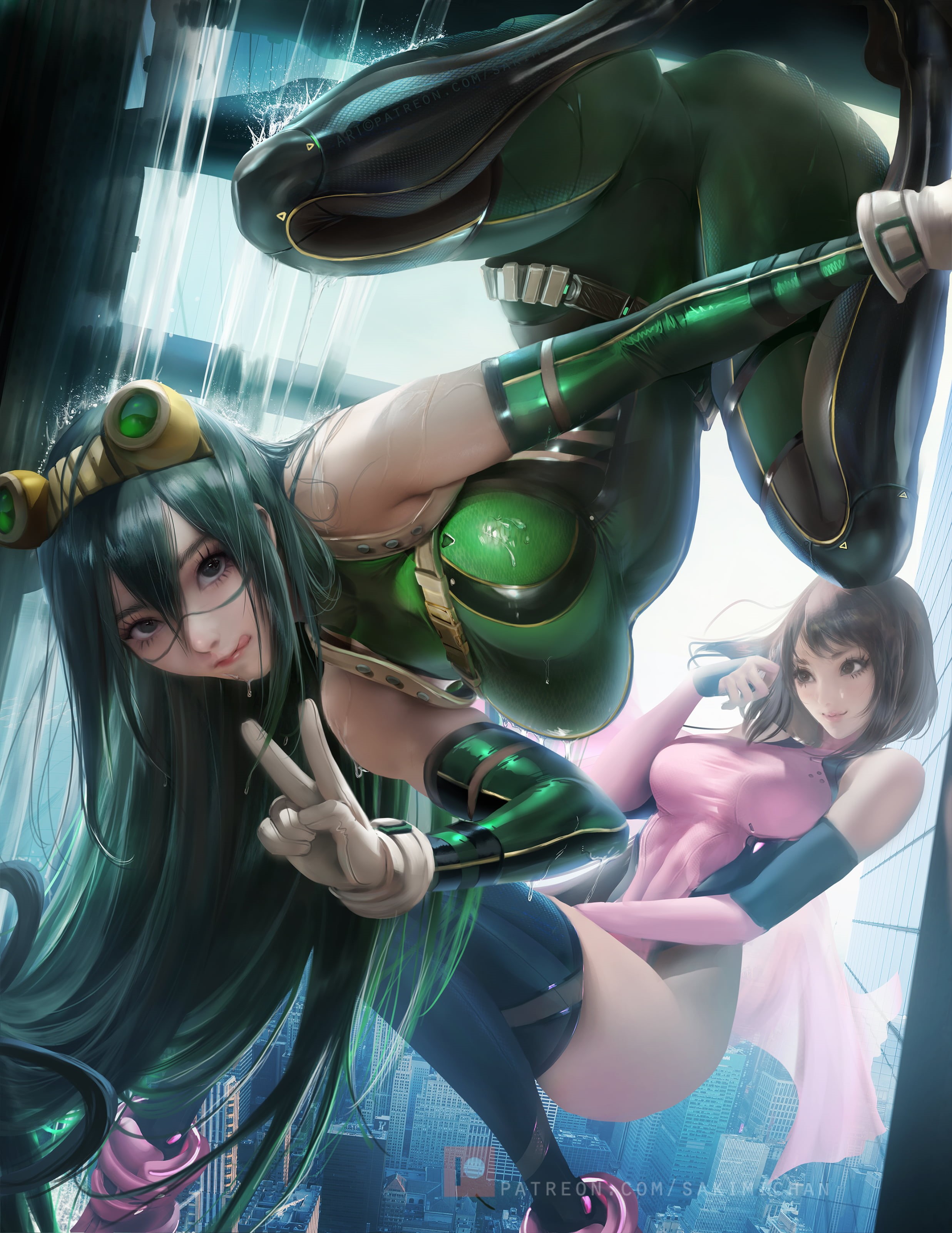 brunette, smiling, Tsuyu Asui, tongues, looking at viewer, wet, women, anime, leotard, water, bodysuit, dark hair, Sakimichan, peace sign, 2K, Uraraka Ochako, Phone HD Wallpaper
