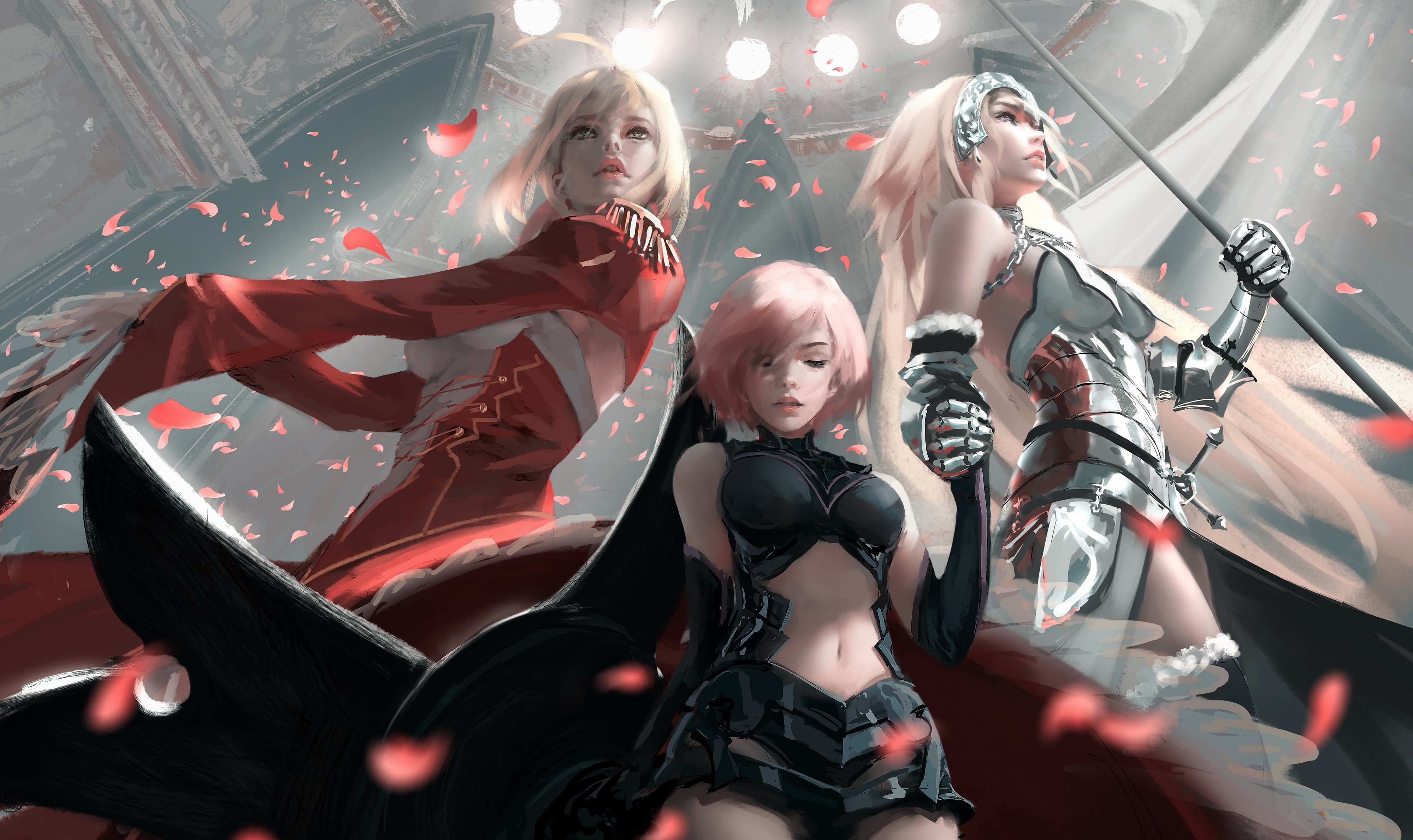 Fate Series, characters, fashion, WLOP, beautiful woman, painting, digital art, brown, three, real people, Mashu Kyrielight, emotion, beauty, women, Fate/Grand Order, HD Wallpaper