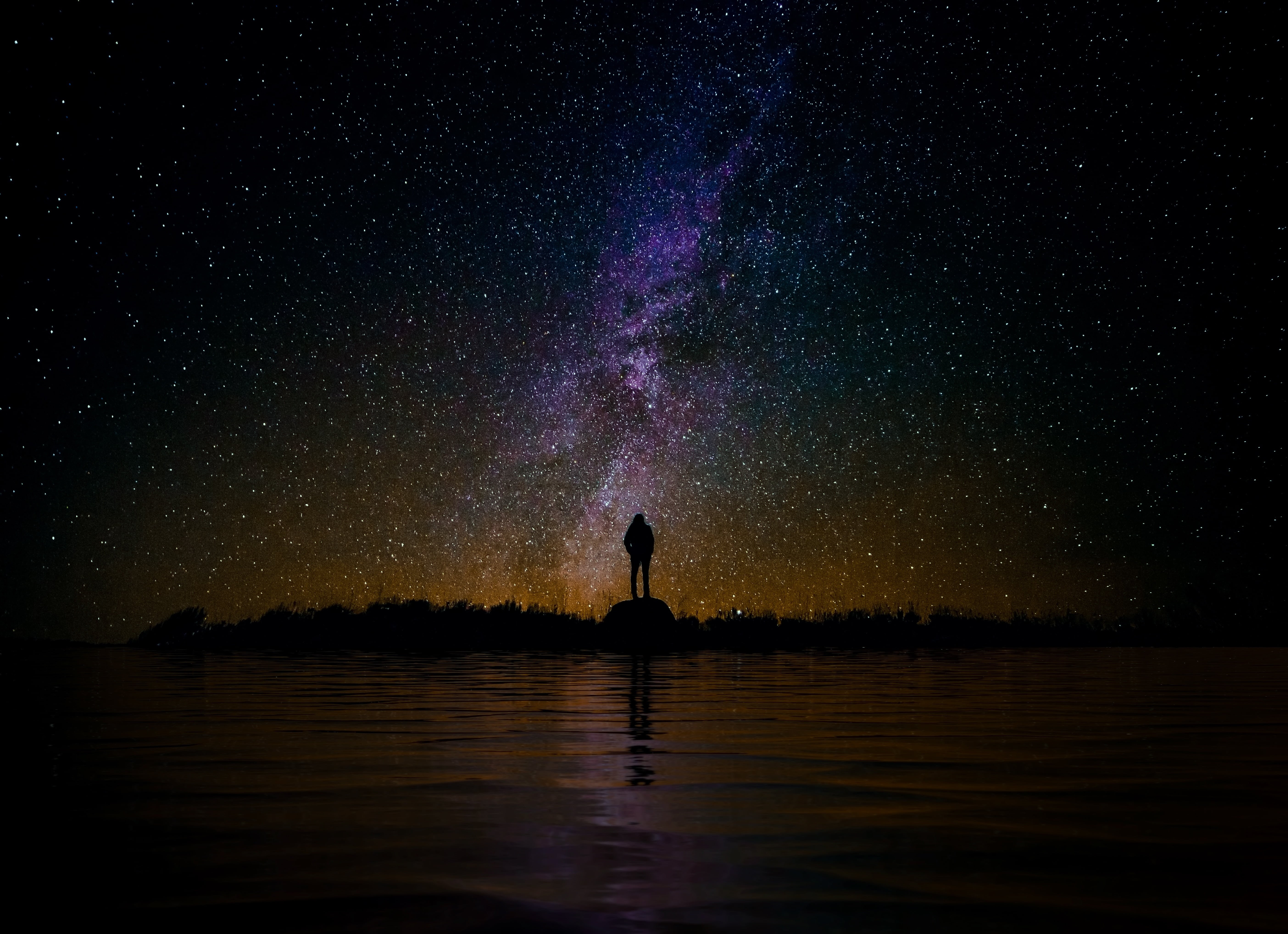 dark, stars, silhouette, night, landscape, universe, space, Milky Way, loneliness, alone, starry night, sky, skyscape, galaxy, reflection, sea, water, 5K, HD Wallpaper
