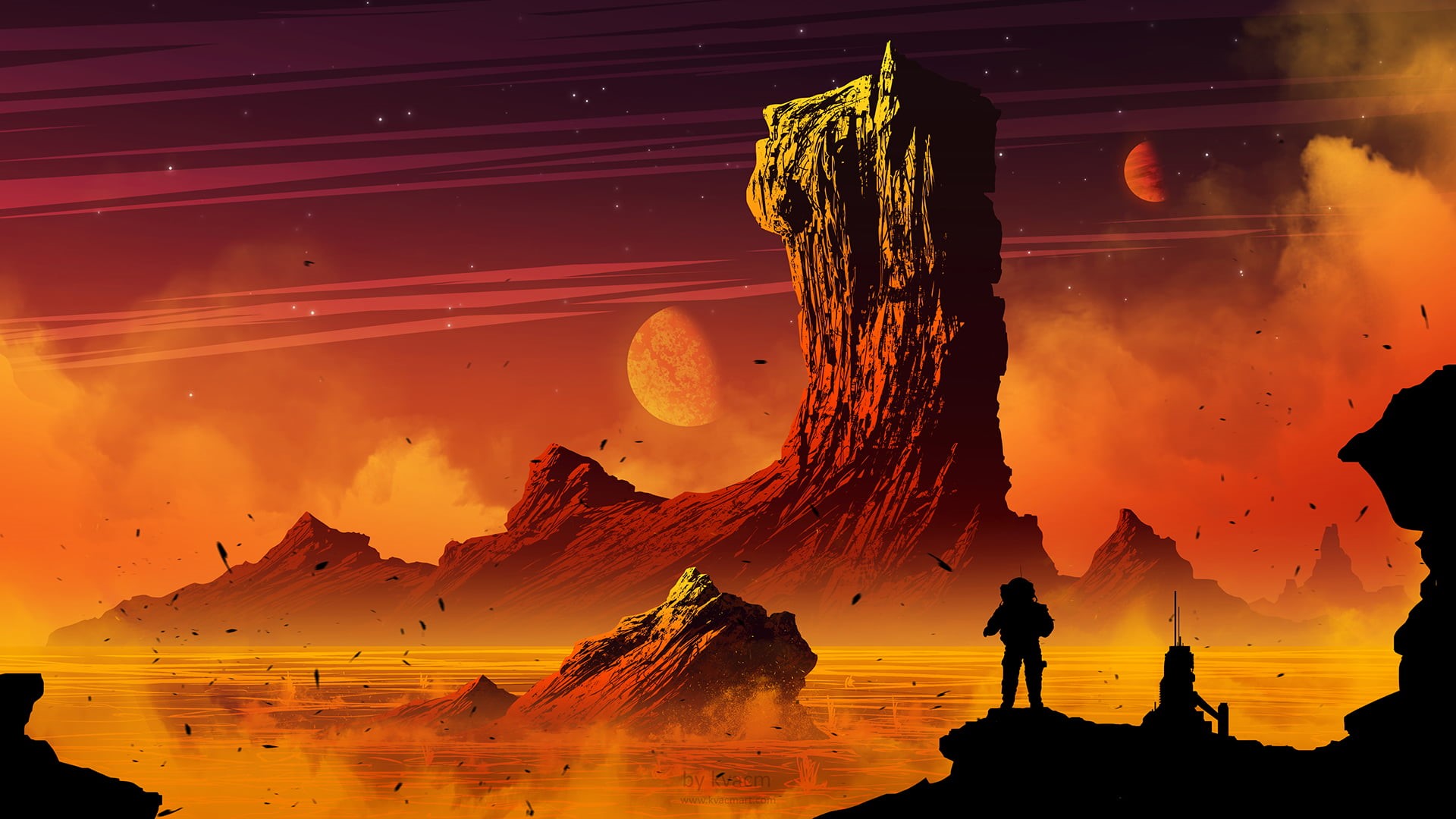 sky, outdoors, mountain peak, fantasy art, non-urban scene, nature, travel, orange color, space, sunset, cloud - sky, science fiction, land, 1080P, rock, HD Wallpaper