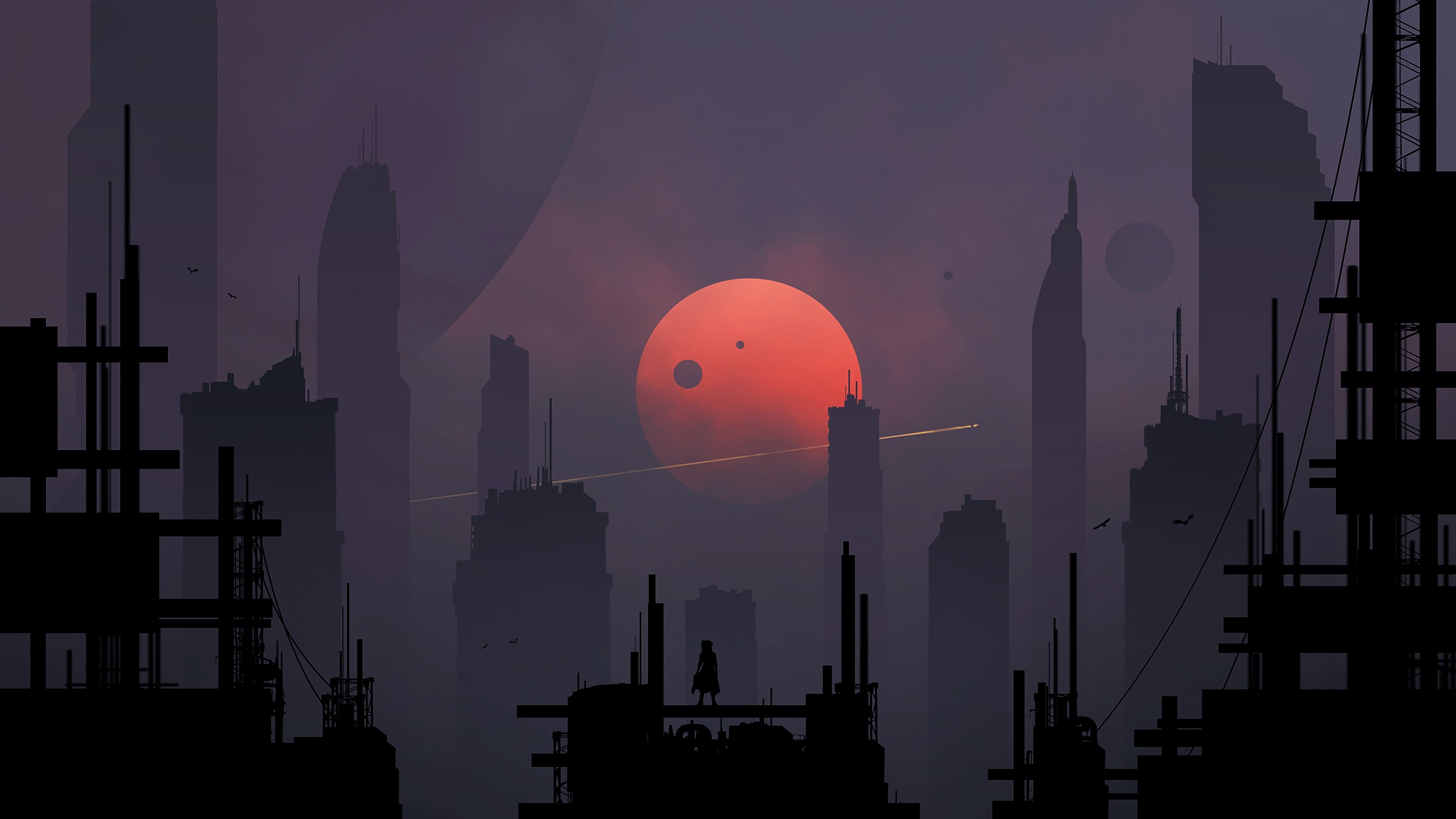 Kvacm, Skyscrapers, Satellites, Fiction, Moons, Digital Art, Art, Sci-Fi, The moon, Silhouette, Futurecity, The city, by Kvacm, 4K, HD Wallpaper