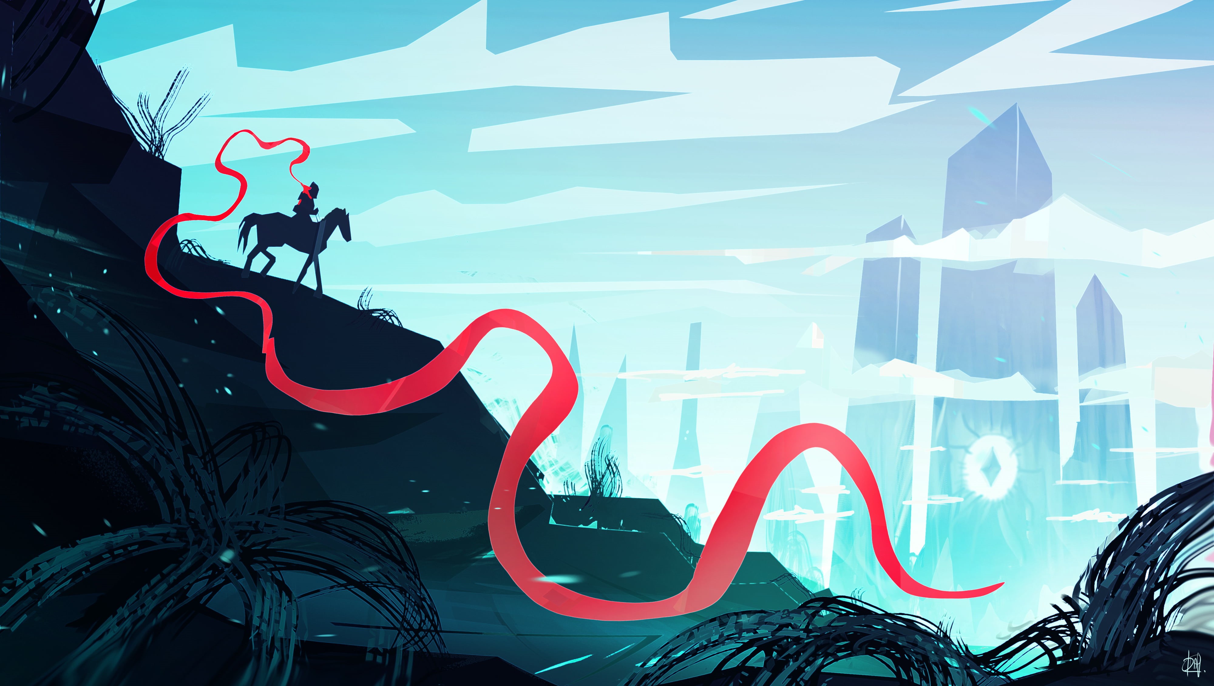 bicycle, landscape, no people, day, communication, digital art, graffiti, flag, artwork, red, art and craft, 4K, illustration, sky, minimalism, western script, HD Wallpaper