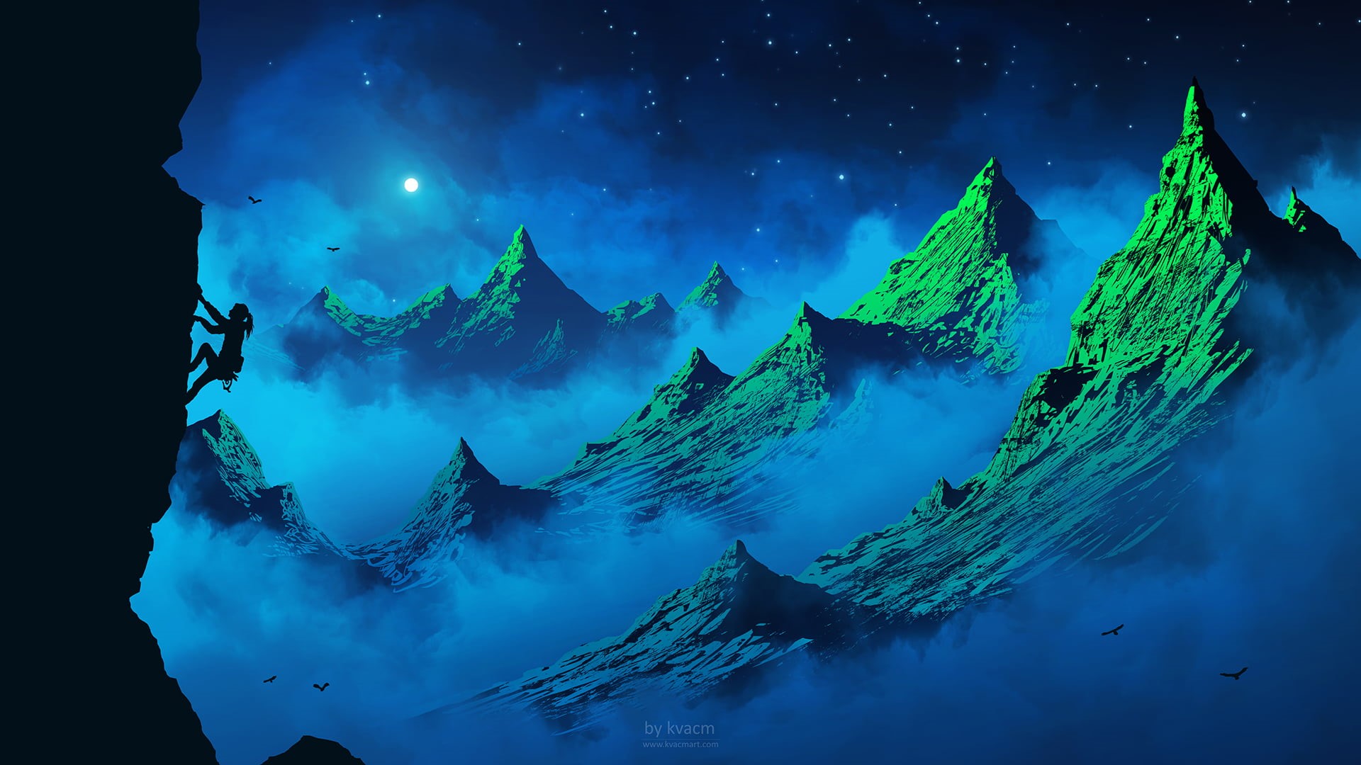 illustration, scenics - nature, sky, landscape, space, water, sea, hiking, artwork, climbing, night, land, Kvacm, blue, no people, 1080P, digital art, HD Wallpaper
