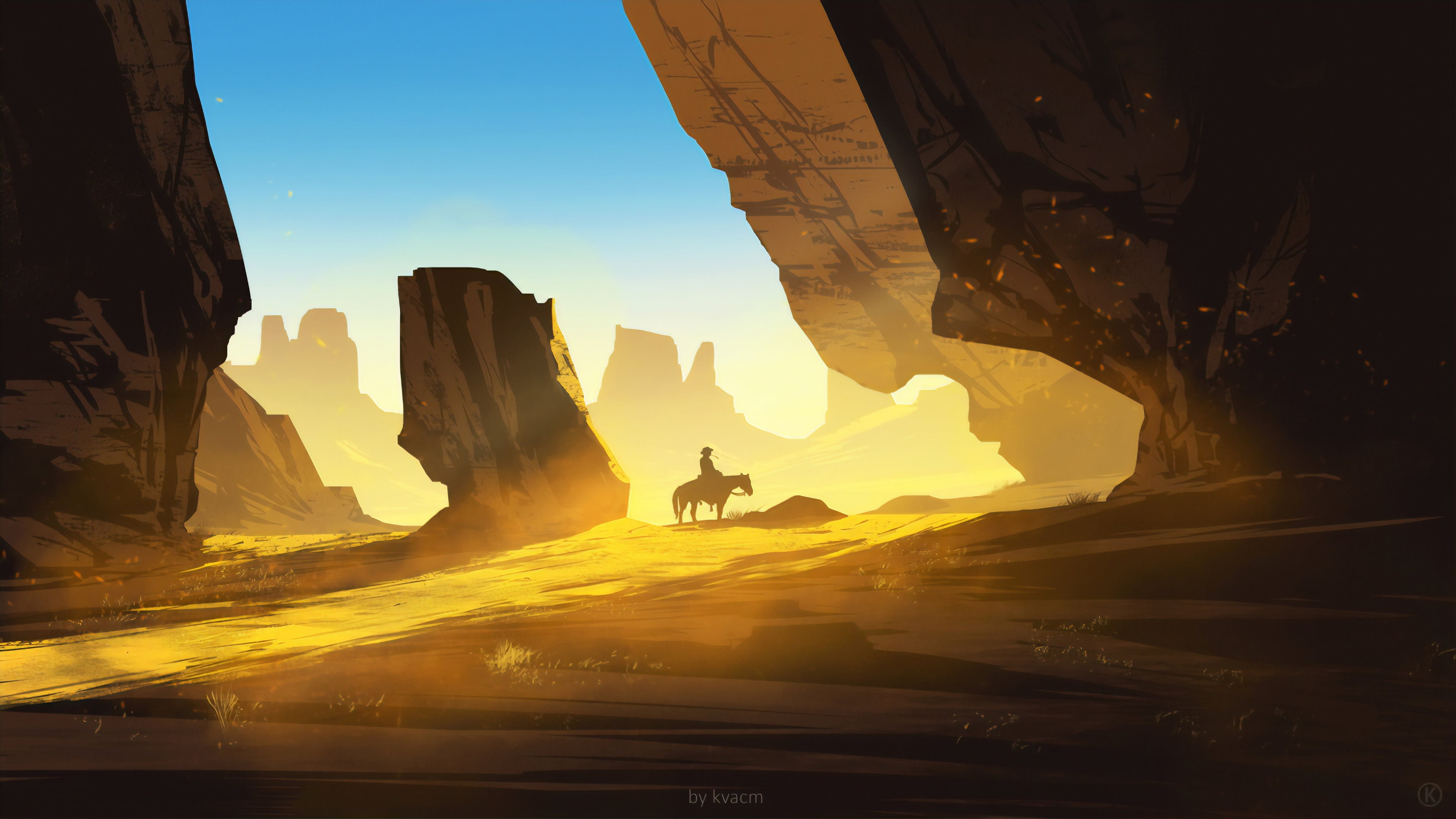 cave, canyon, animals, silhouette, Kvacm, yellow, rocks, illustration, western, horse riding, Sun, sun rays, nature, artwork, digital, sand, dark, horse, HD Wallpaper