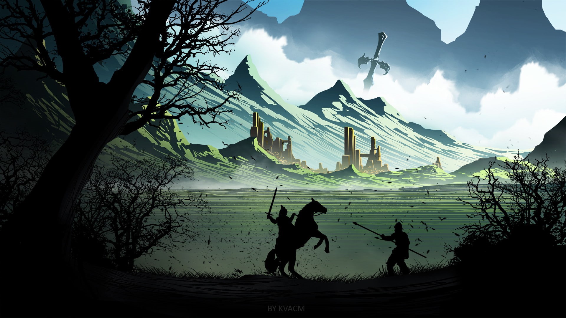 horse, trees, landscape, warrior, Kvacm, digital art, 1080P, sword, HD Wallpaper