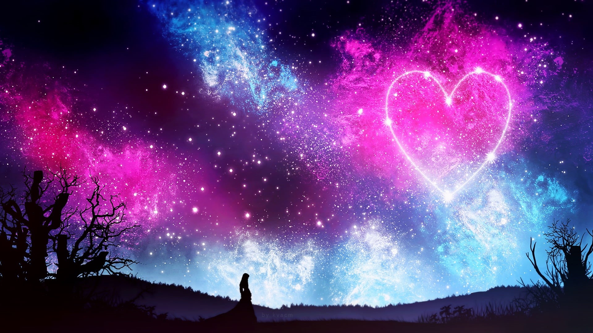 1080P, the sky, night, silhouette, nature, by kvacm, stars, heart, girl, HD Wallpaper