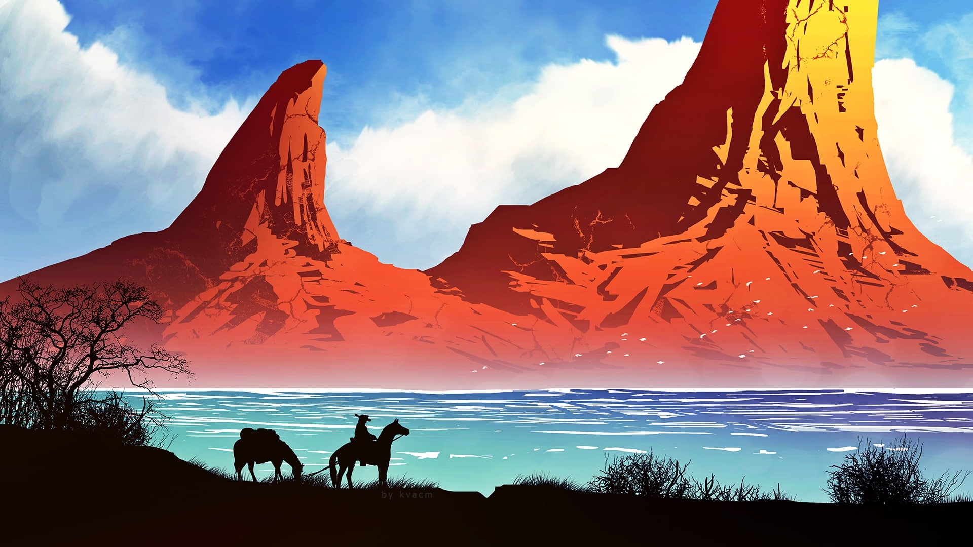 horse, cowboy, nature, mountains, river, 1080P, by kvacm, HD Wallpaper