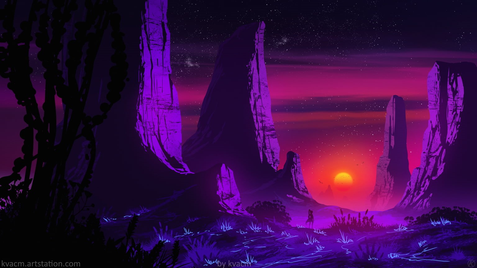 mountains, stars, 720P, Kvacm, sunset, night, rock formation, digital art, illustration, sky, HD Wallpaper