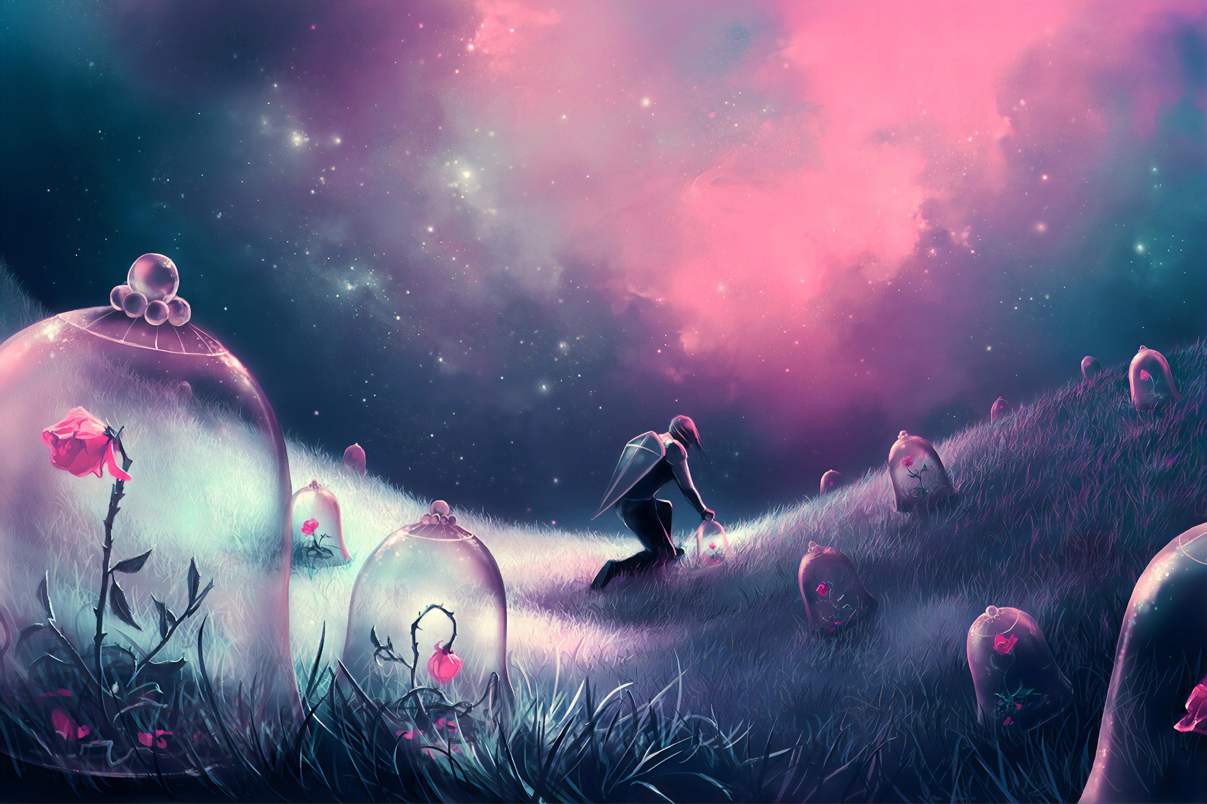 warrior girls, 4K, atmosphere, fantasy art, digital art, painting, space art, space, flowers, fantasy girl, women, drawing, warrior, outdoors, landscape, HD Wallpaper