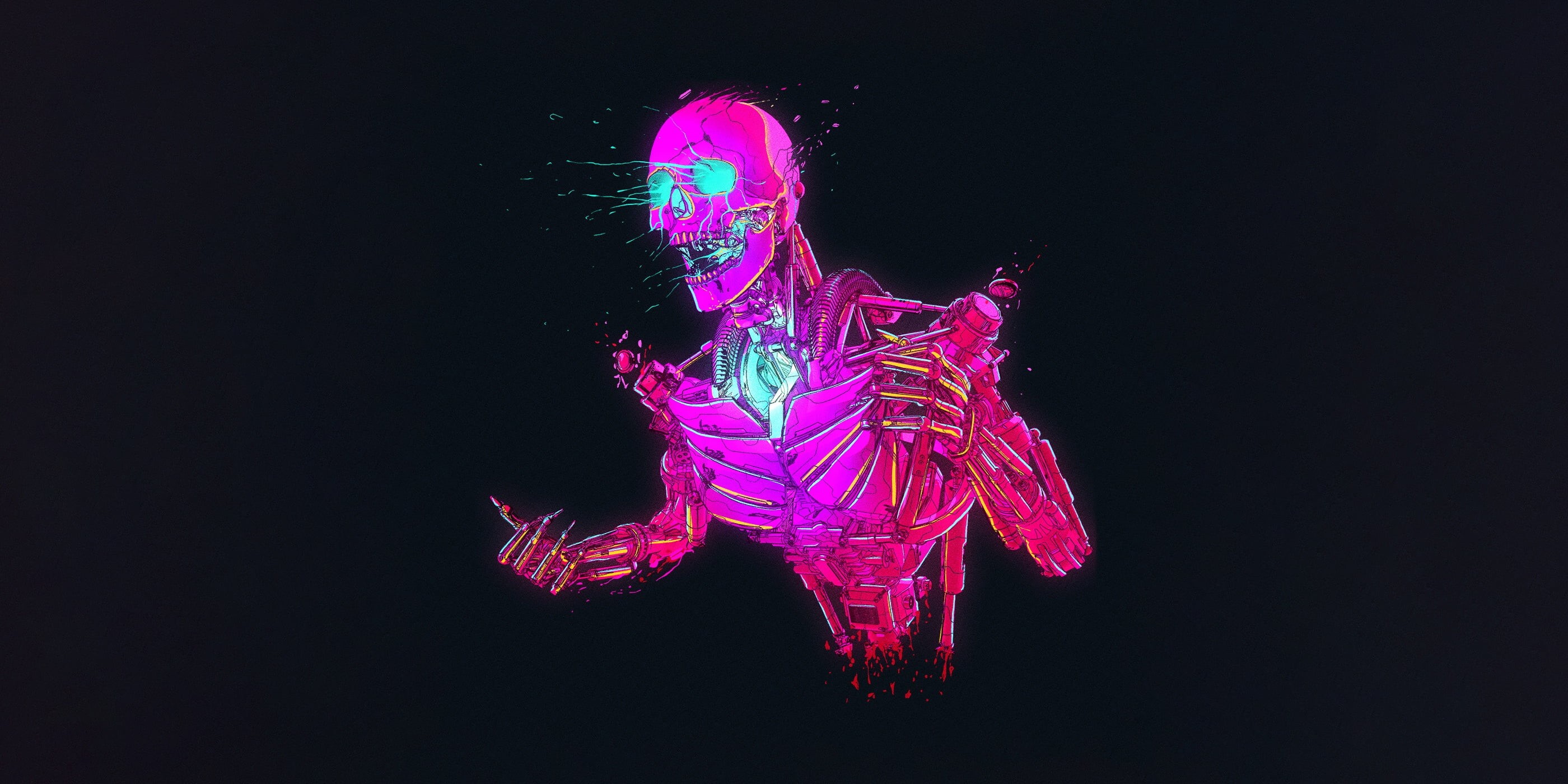 skull, artwork, 2K, robot, cyberpunk, Retrowave, HD Wallpaper