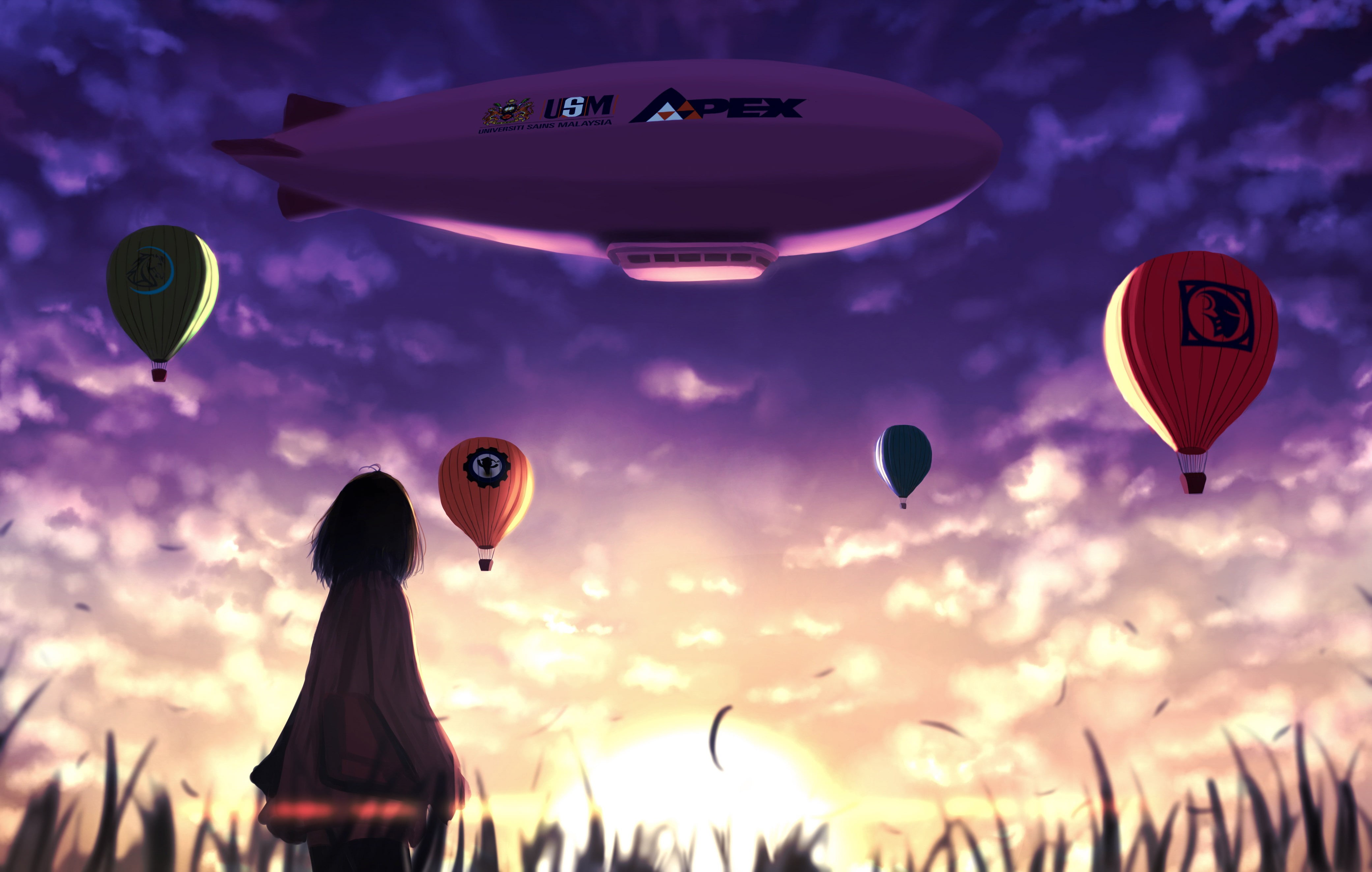 landscape, anime sky, sunset, anime, artwork, drawing, women, dusk, fantasy girl, hot air balloons, clouds, silhouette, sun rays, digital, anime girls, HD Wallpaper