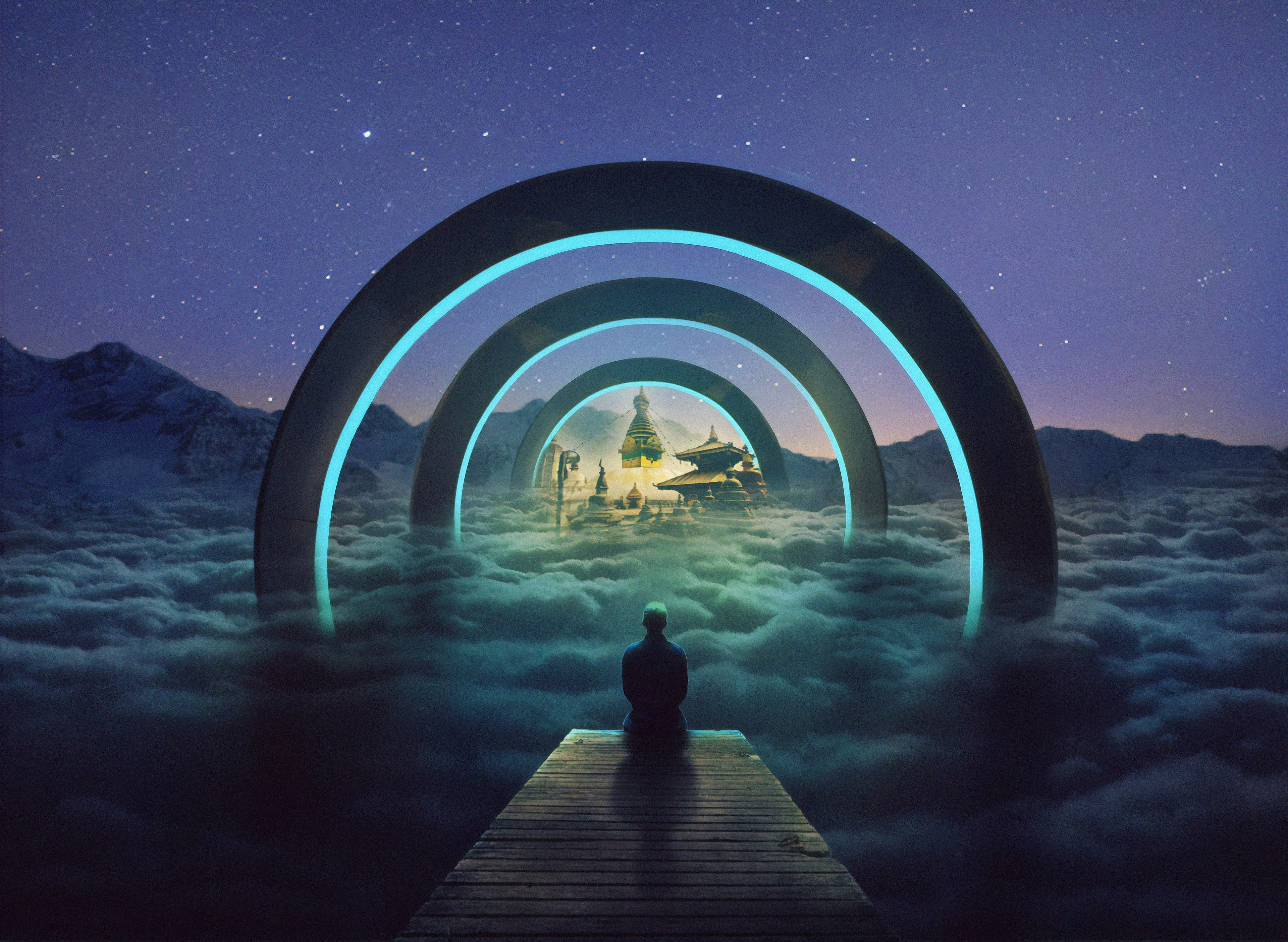 photo manipulation, nature, clouds, world, environment, Photoshop, 4K, mountains, fantasy art, concept art, landscape, artwork, traveller, photomontage, HD Wallpaper