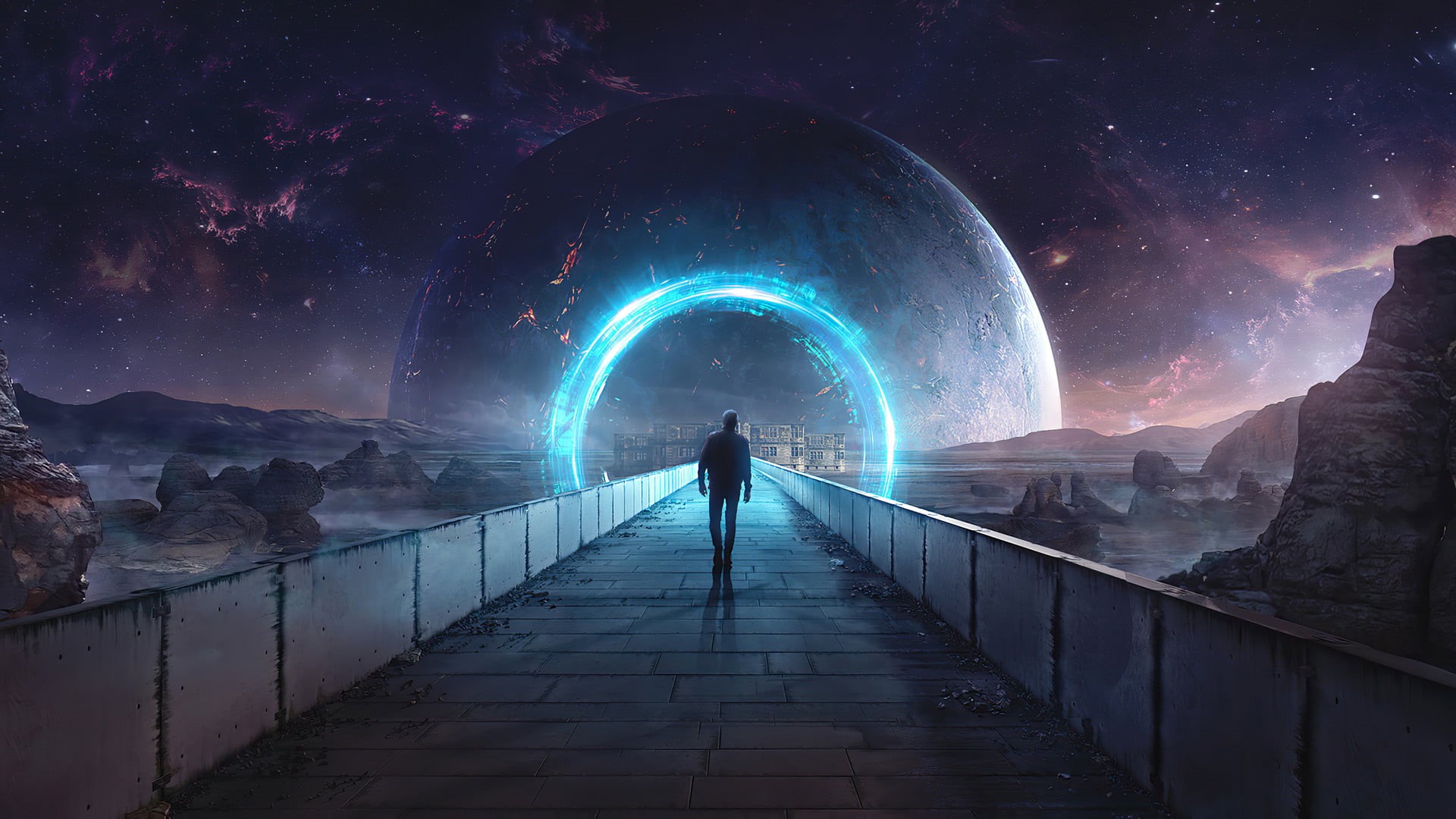 artwork, 1080P, circle, universe, digital, rock, digital art, science fiction, space, planet, stars, HD Wallpaper