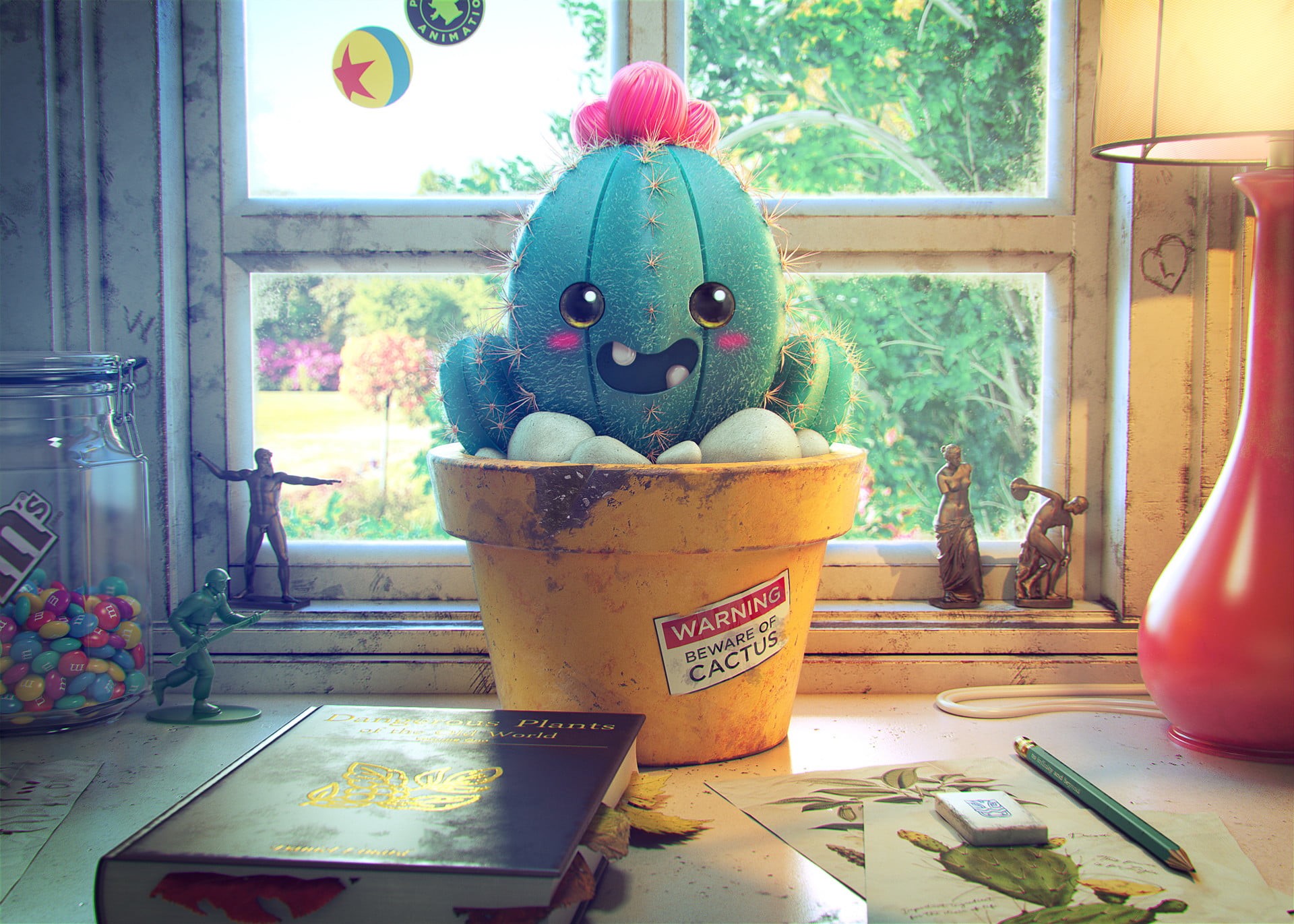 table, 1080P, creativity, plants, happy, craft, human representation, colorful, plant, art and craft, male likeness, representation, window, indoors, window sill, HD Wallpaper